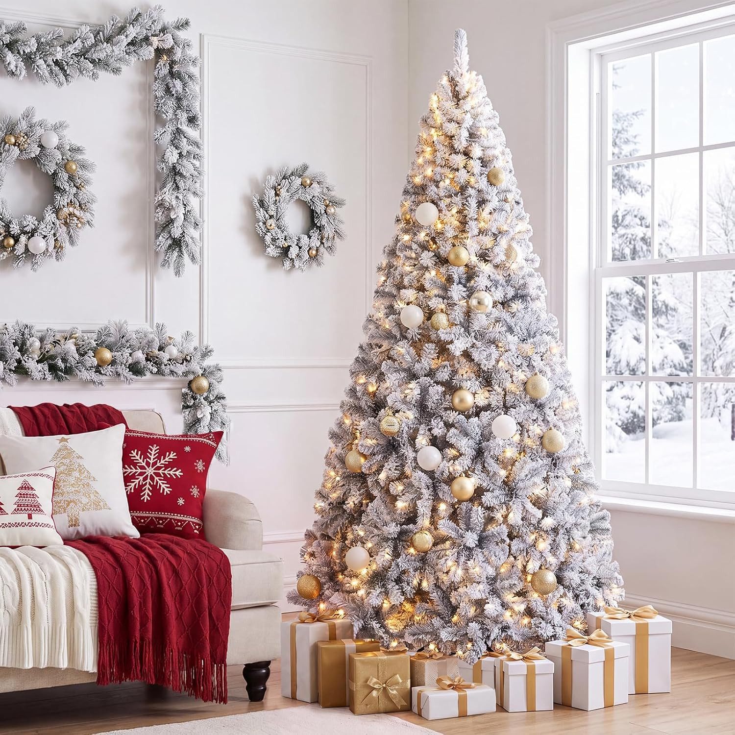 COSTWAY Künstlicher Weihnachtsbaum mit Schnee, 225cm, 1000+ Spitzen, 450 LED