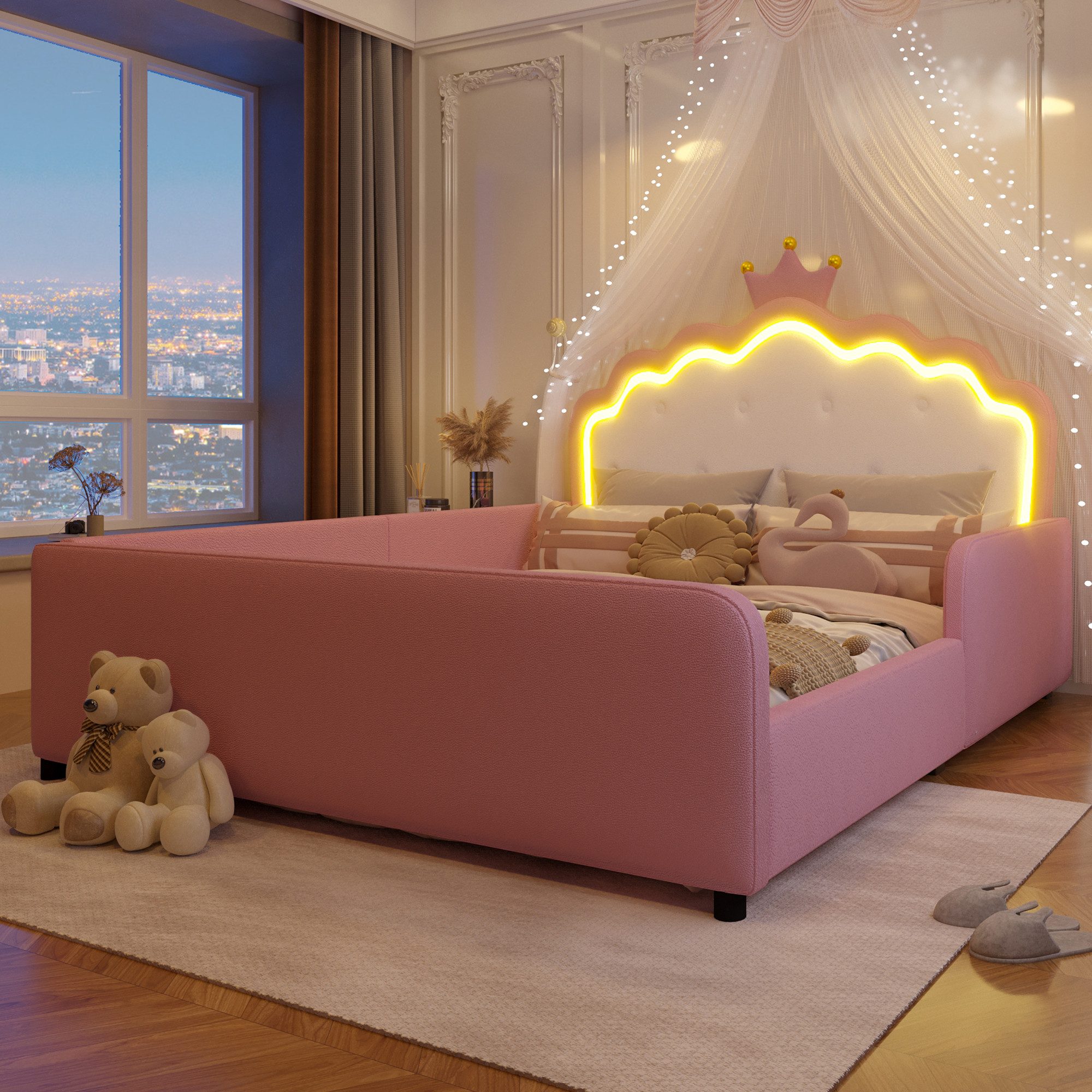 Flieks Polsterbett Prinzessinnenbett in Kronenform, Kinderbett 140x190cm mit LED-Lichtleiste und Sicherheitsgitter