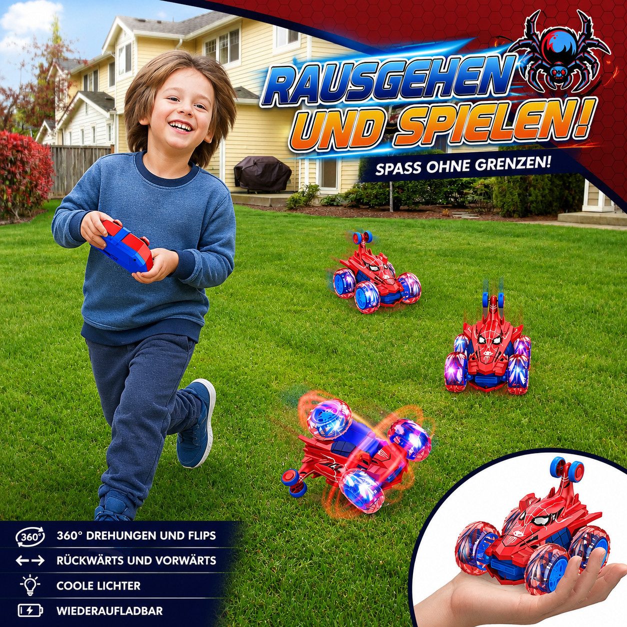 Wootoy RC-Auto Ferngesteuertes Auto Kinder RC Monstertruck Spider Offroad RC Auto (mit 360°-Drehfunktion große Räder und LED-Beleuchtung, 1-tlg., Elastische Gummireifen und robuste Verarbeitung), USB-Direktaufladung mit Akku für bis zu ca. 60 Minuten Fahrzeit