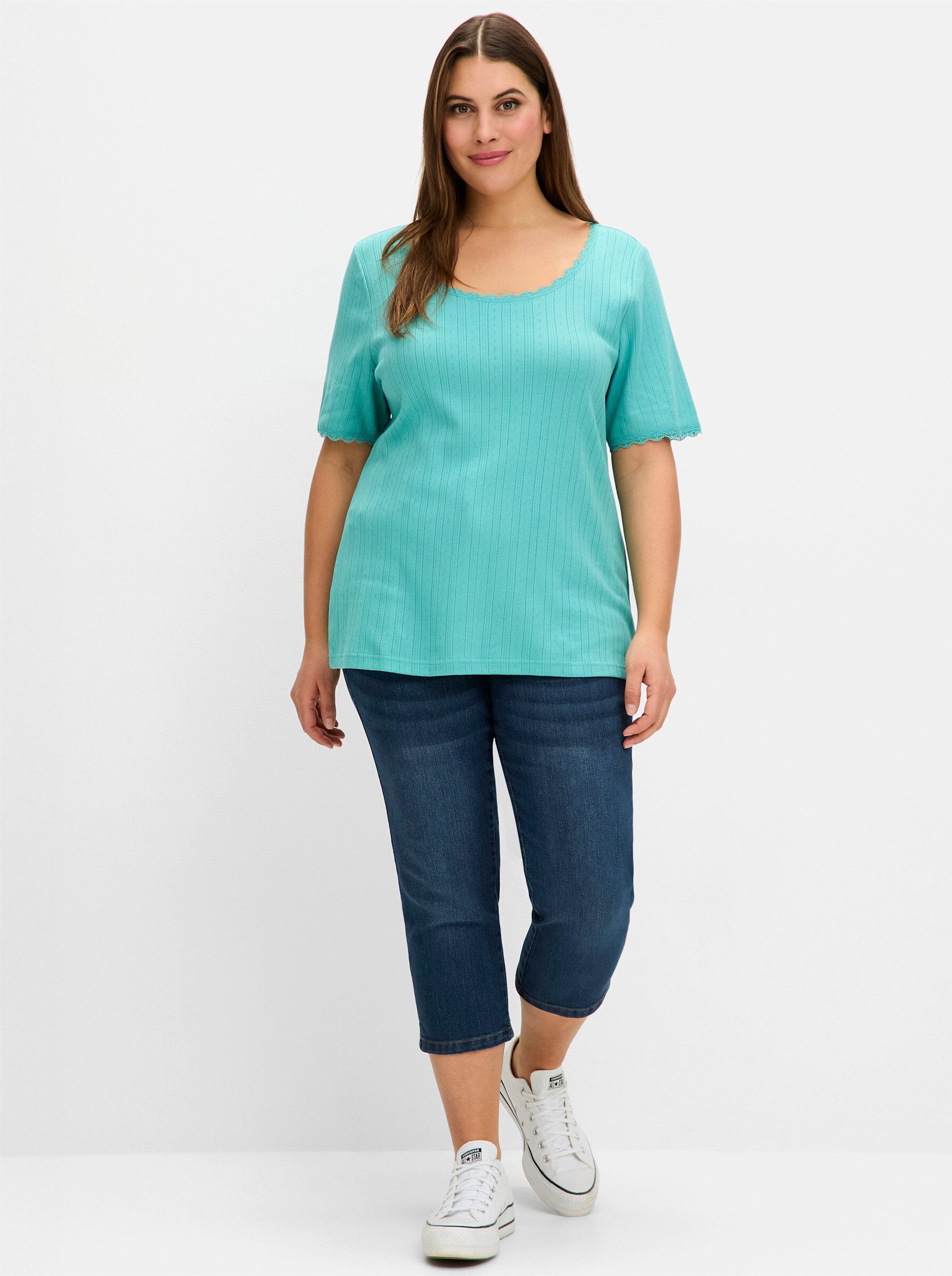 Sheego T-Shirt Rippshirt . mit Ajourmuster und Spitzendetails günstig online kaufen