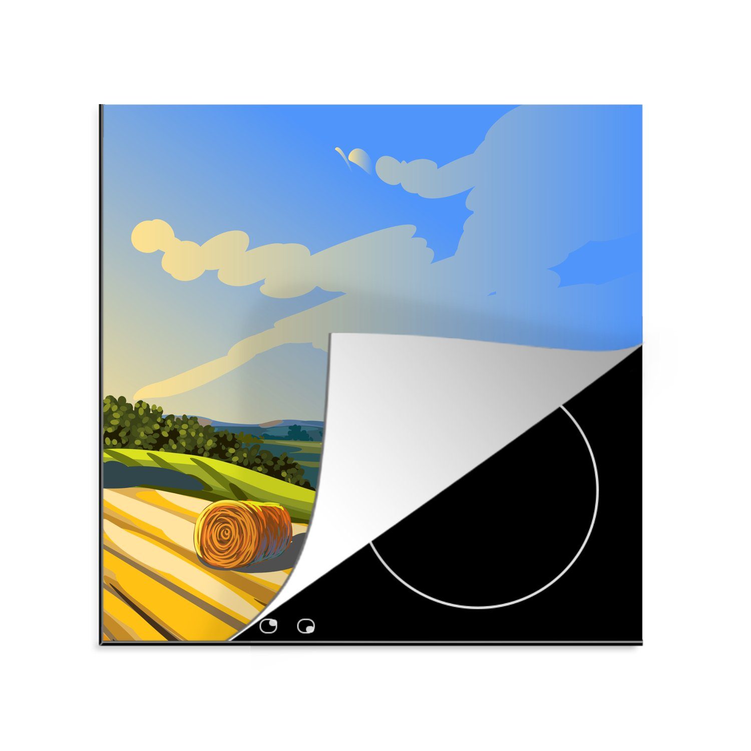 MuchoWow Herdblende-/Abdeckplatte Eine Illustration von Heuballen auf einem sonnigen Feld, Vinyl, (1 tlg), 78x78 cm, Ceranfeldabdeckung, Arbeitsplatte für küche