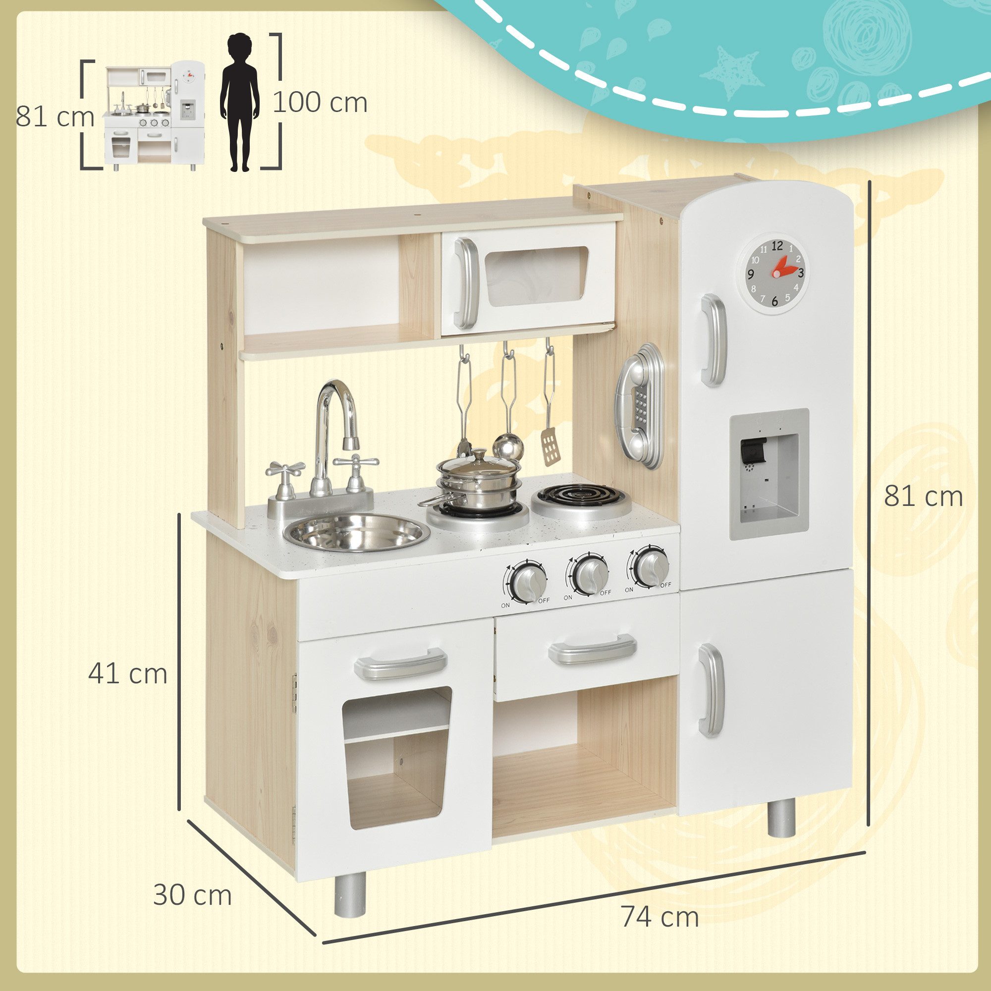 HOMCOM Spielküche Kinderküche Puppenküche Geschenk für Kinder Mädchen Weiß Kiefer, MDF