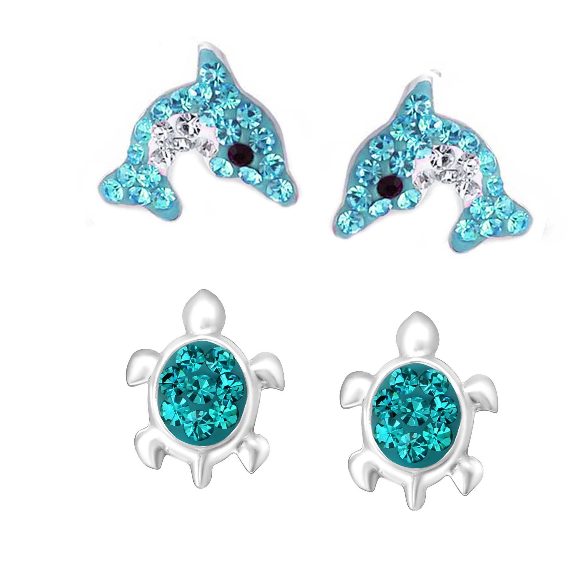 schmuck23 Paar Ohrstecker 2 Paar Kinder Ohrringe Delfin Schildkröte 925 Silber Mädchen (Set, 2 aus Paar Ohrringen), Mädchen Kinderschmuck echte Silberohrringe