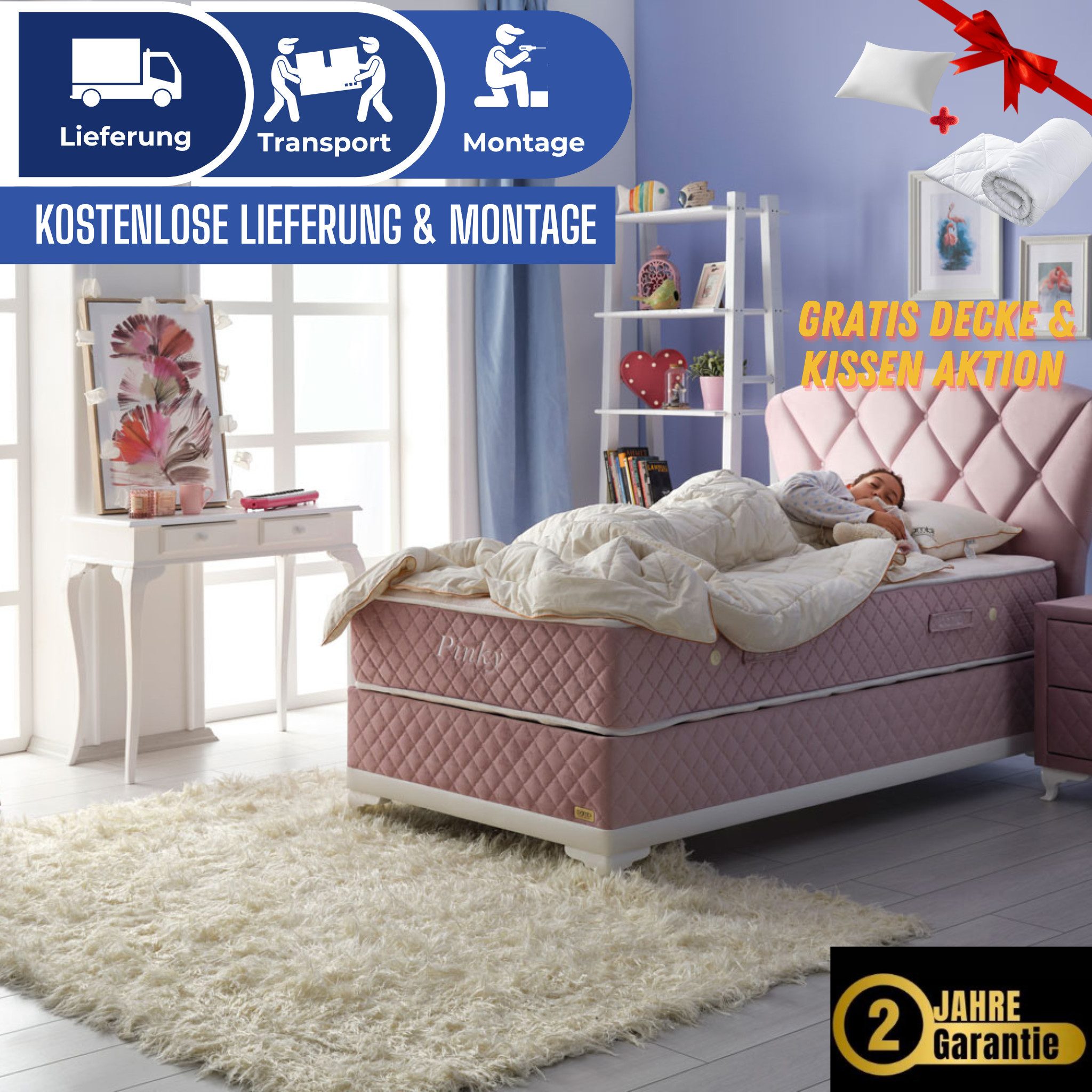 Bambi Boxspringbett Kinderbett 90 x 200 Boxspringbett 90 x 200 inkl. Matratze Pinky