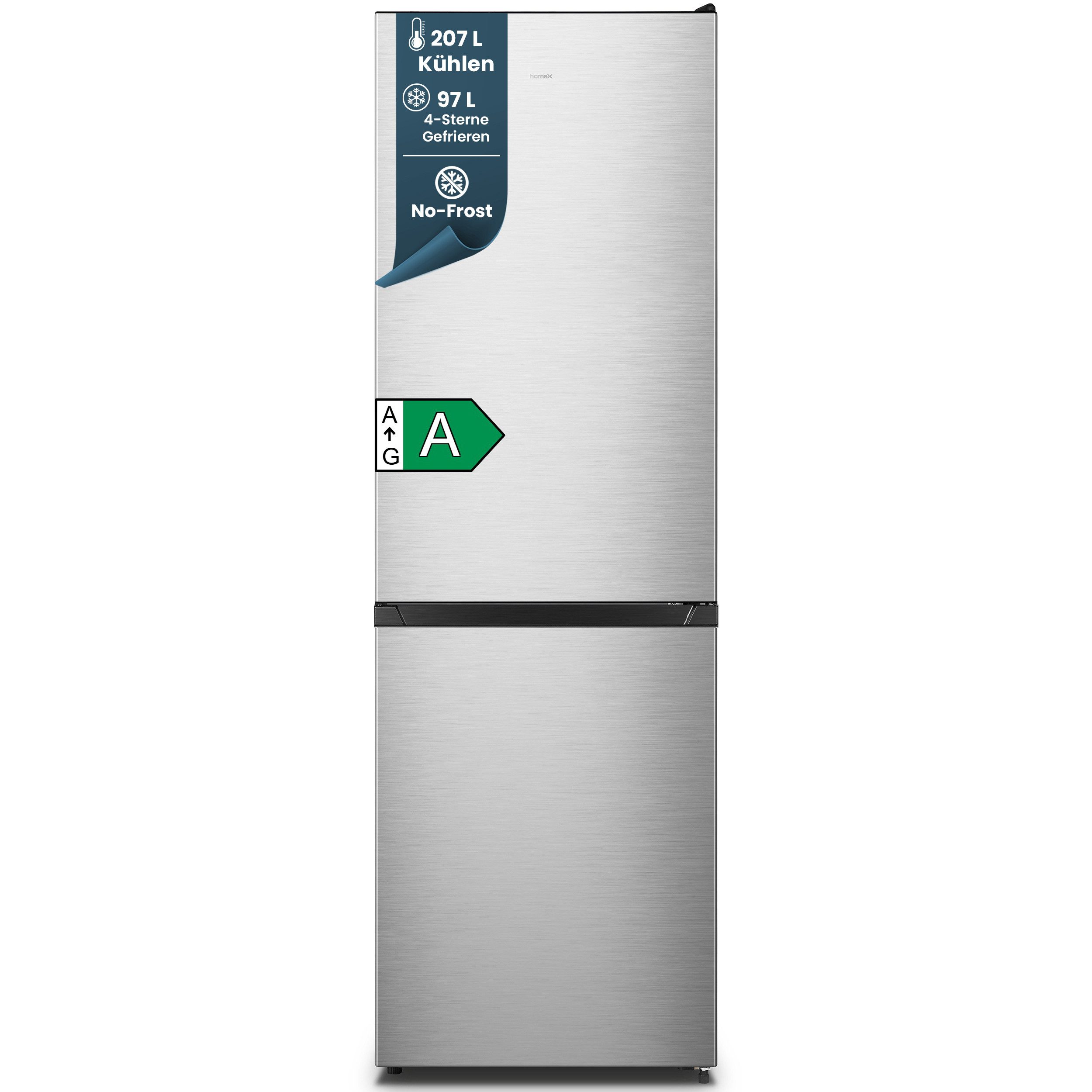 homeX Kühl-/Gefrierkombination CFSN3041A-S, 187.3 cm hoch, 59.5 cm breit, No Frost, 304 L, Kühlschrank mit Gefrierfach, EEK A, freistehend, groß