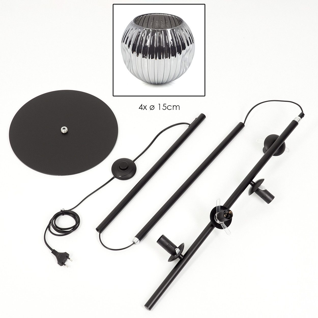 hofstein Stehlampe Stehlampe aus Metall/Riffelglas in Schwarz/Chrom-/Rauchfarben, ohne Leuchtmittel, Stehleuchte Retro/Vintage, Ø Schirme 15 cm, Fußschalter, 160 cm, E14