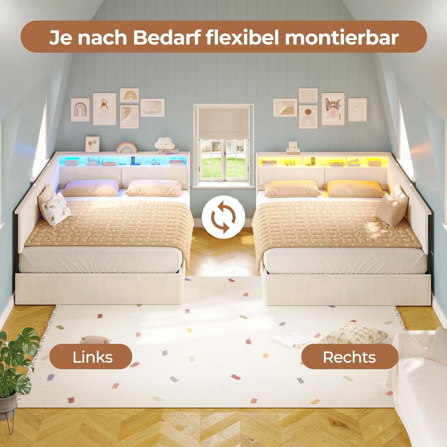 MSMASK Daybett Tagesbett mit LED-Kopfteil, Polsterbett Schlafsofa 140 x 200 cm mit USB-Anschlüssen
