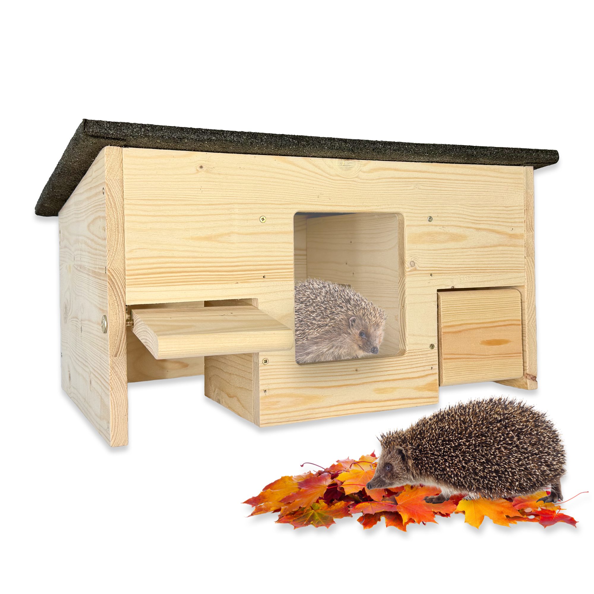 gartenetage Igelhaus Igelfutterhaus mit Beobachtungsfenster & Rattenklappen aus Holz, Sicheres Igelhaus für Garten mit Schleuse, Fluchtweg & Wetterschutz
