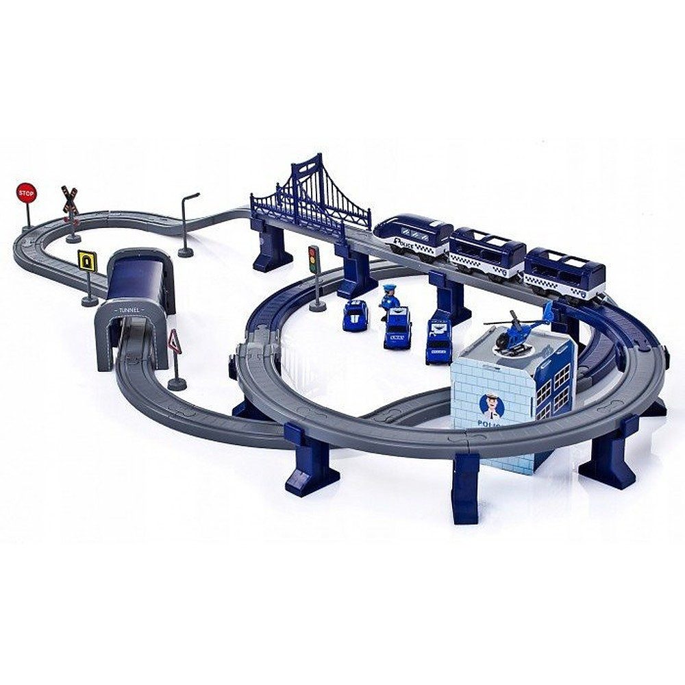 LEAN TOYS Spielzeugeisenbahn-Set Polizeizug Schienenstrecke Polizeistadt, (Spar-Set, 92-tlg., 92-tlg. batteriebetrieben), 92 Teile, Polizei-Optik, Batteriebetrieb