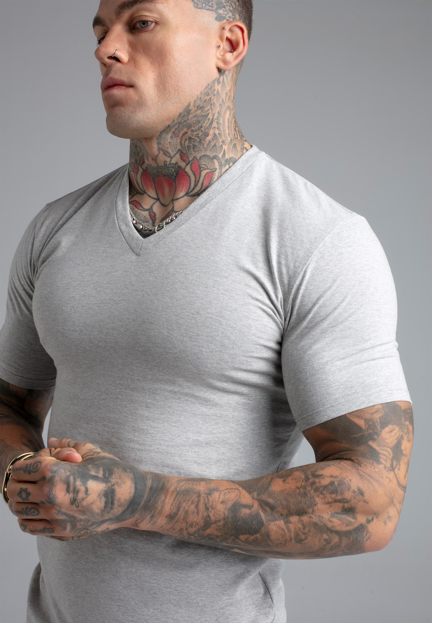 Siksilk T-Shirt SikSilk Herren Grau Marl V-Neck T-Shirt