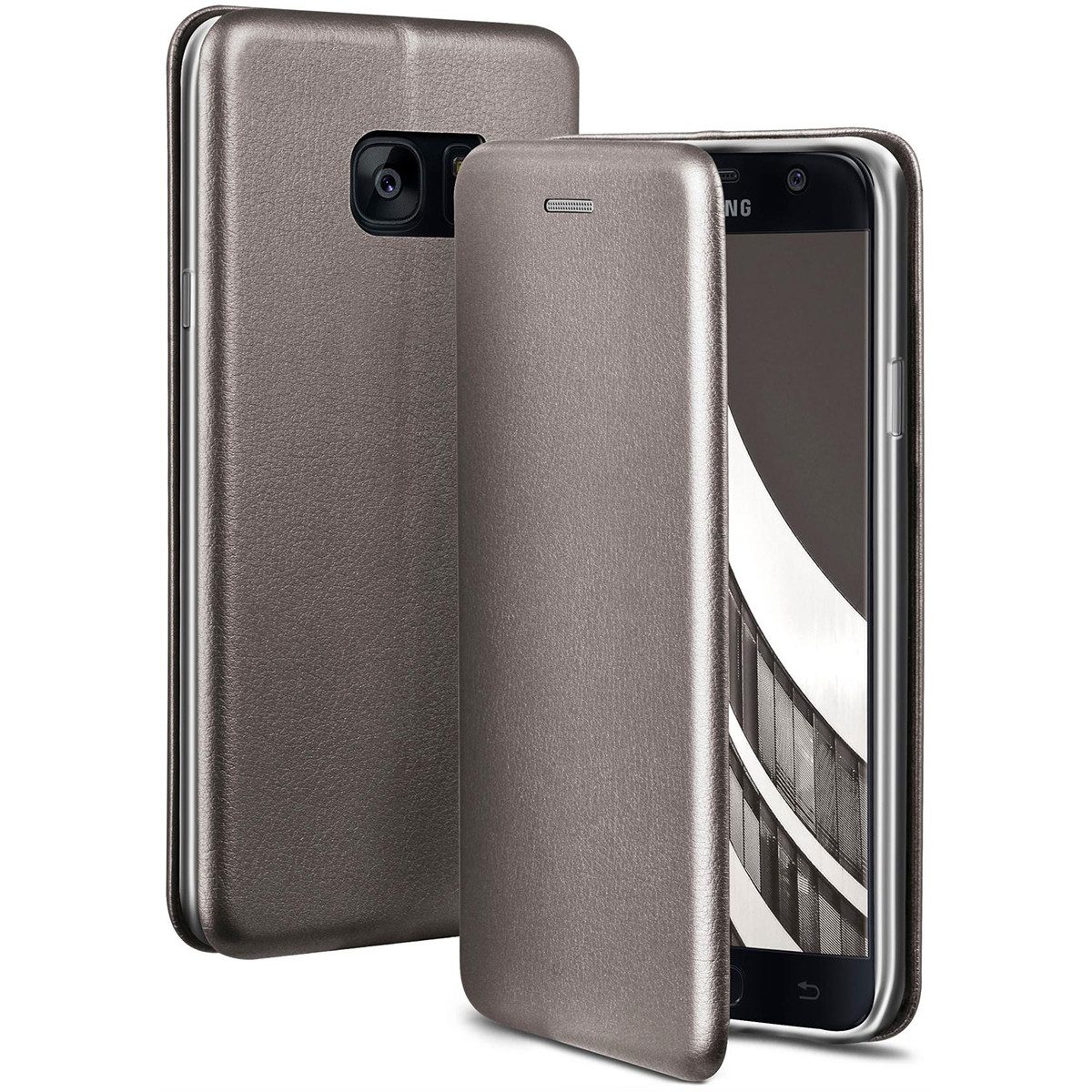 ONEFLOW Handyhülle für Samsung Galaxy S7 Premium Hülle Business Cover Grau 5,1 Zoll, 360 Grad Schutzhülle Flip Case Etui Klapphülle Dünn Leder Handy Tasche