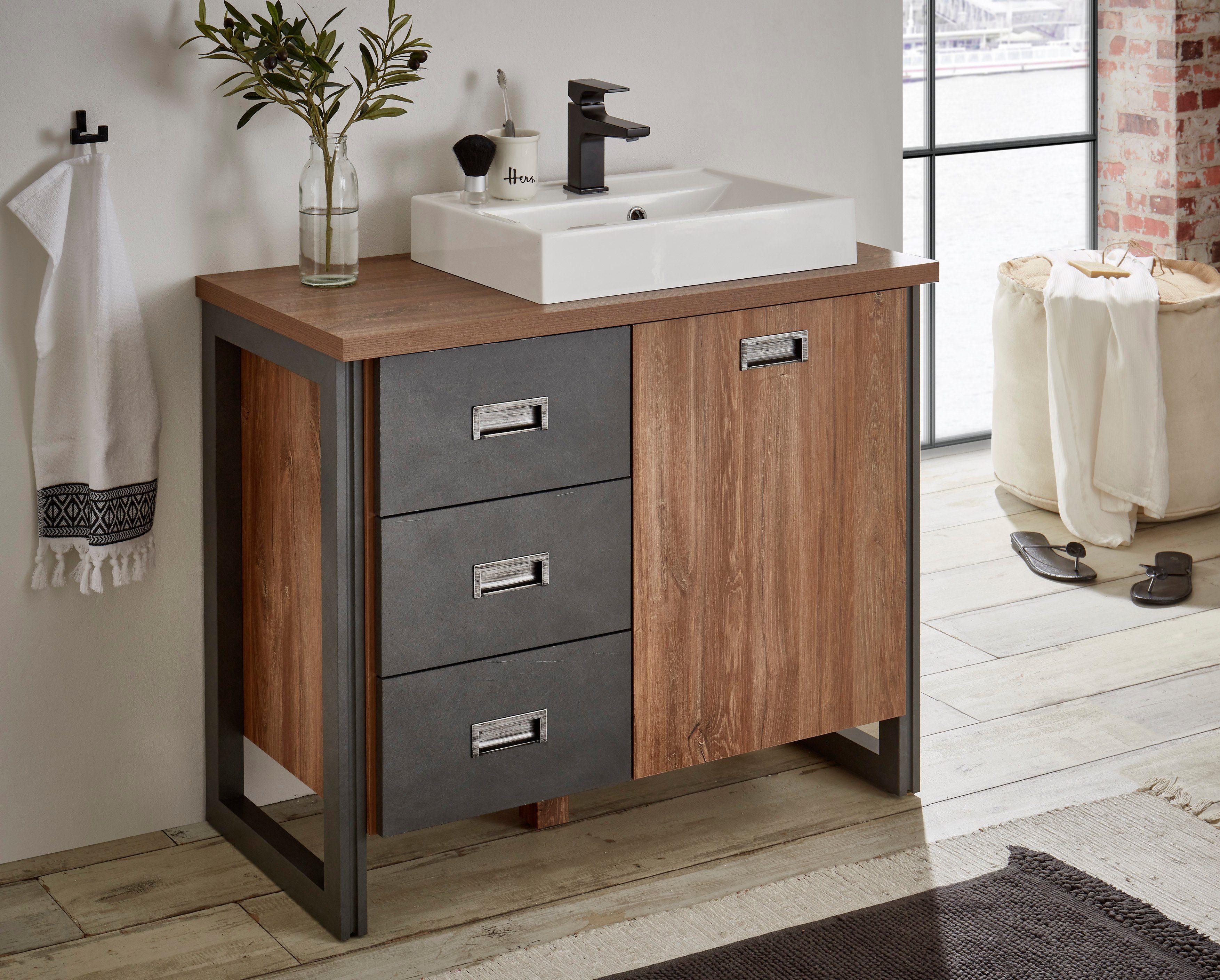 Home affaire Waschtisch Detroit, Unterschrank mit Apothekergriff, Badschrank, Industrialdesign, Eiche Dekor, mit Stauraum, inkl. Mineralguss-Waschbecken, Breite 91 cm
