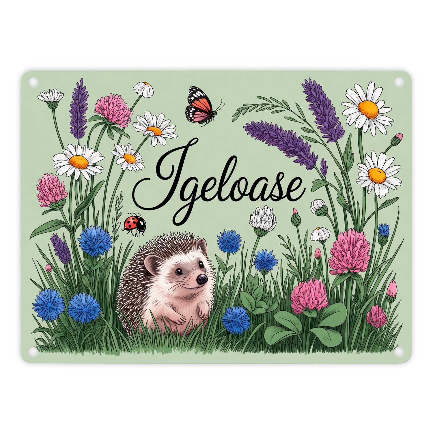 speecheese Metallschild Igel auf Wildblumen Igeloase Metallschild in 15x20 cm Gartendeko