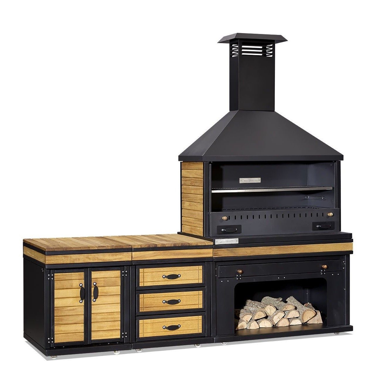 Xlmoebel Outdoor-Küche XLMOEBEL Außenküche Holz Edelstahl schwarz, modern und wetterfest, Made in Europa