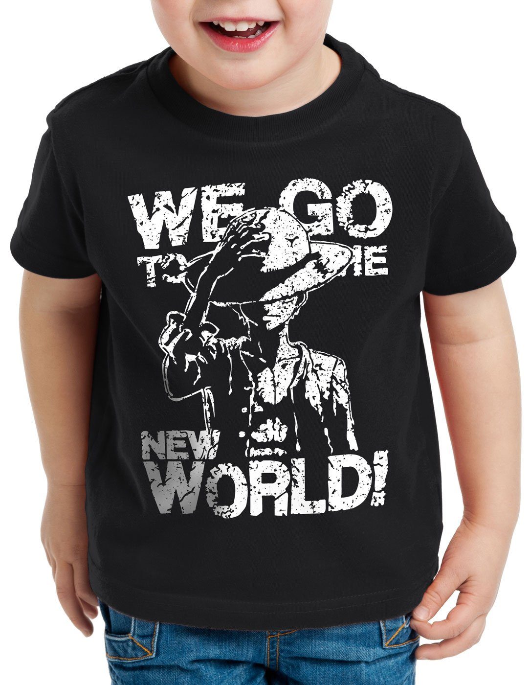 style3 Print-Shirt Kinder T-Shirt New World Pirate Ruffy Strohhut Anime schwarz