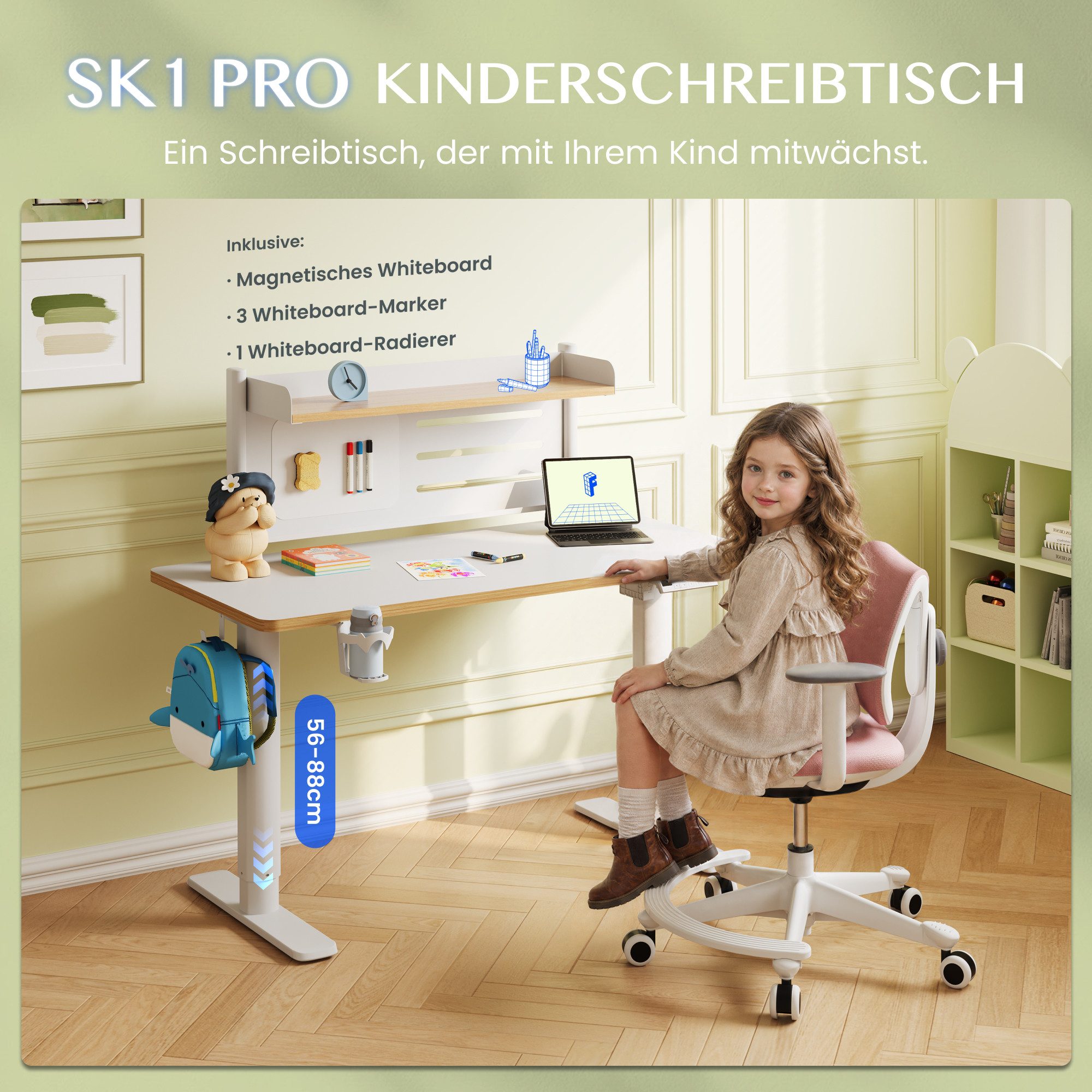 FLEXISPOT Schreibtisch Kinderschreibtisch Höhenverstellbar (3 Speichertasten, Magnetisches Whiteboard, inkl. 3 Whiteboard-Stifte & Tafellöscher), MIT 2xHaken &  – Bild 2 von 5