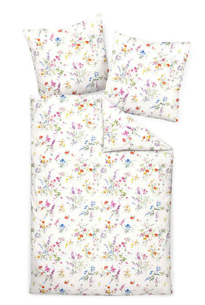 Bettwäsche Satin, Traumschloss, Satin, 2 teilig, farbenfrohe Blumen auf weißem Untergrund
