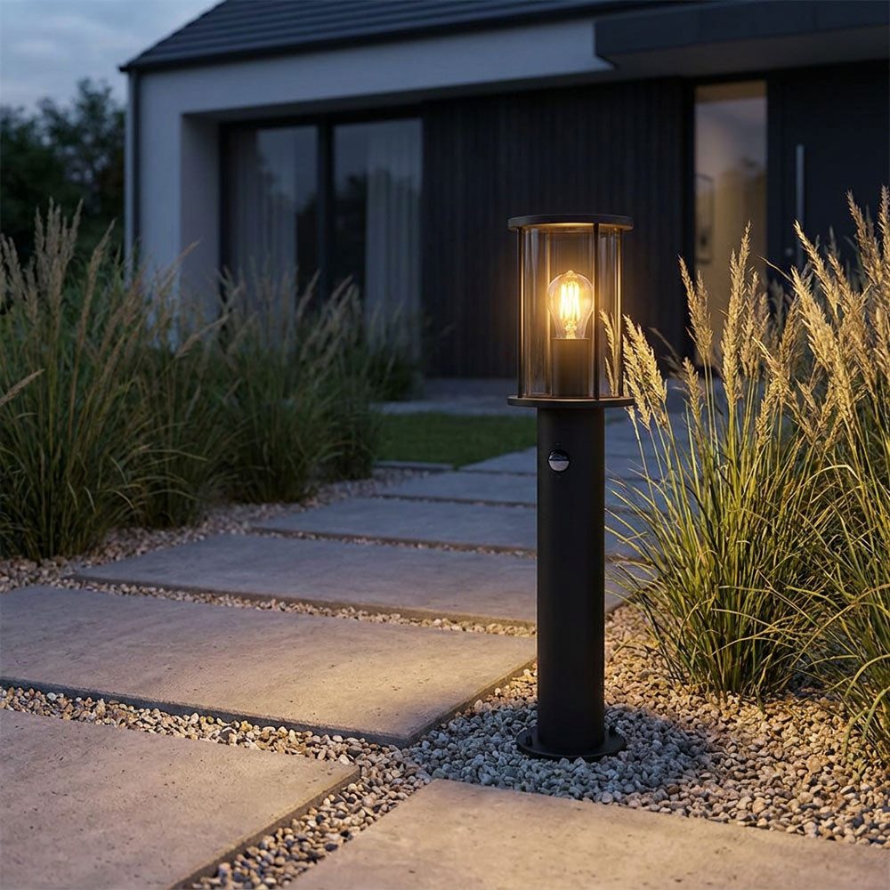 GLOBO LIGHTING LED Außen-Stehlampe, Leuchtmittel nicht inklusive, Stehleuchte Außen Metall schwarz Glas rauch Sensor D 14,3 cm