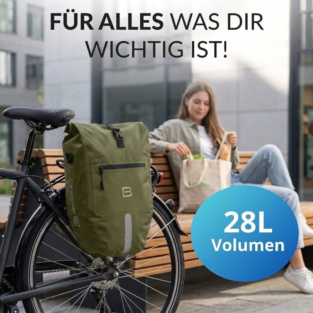 Bronea Fahrradtasche 2in1 Gepäckträgertasche Fahrrad XXL 28 Ltr - Verstärkt - Abnehmbar (Fahrradtasche für Gepäckträger hinten, Wasserdicht & Reflektierend - Laptoptasche), Innovatives verstellbares Click System für alle Gepäckträger