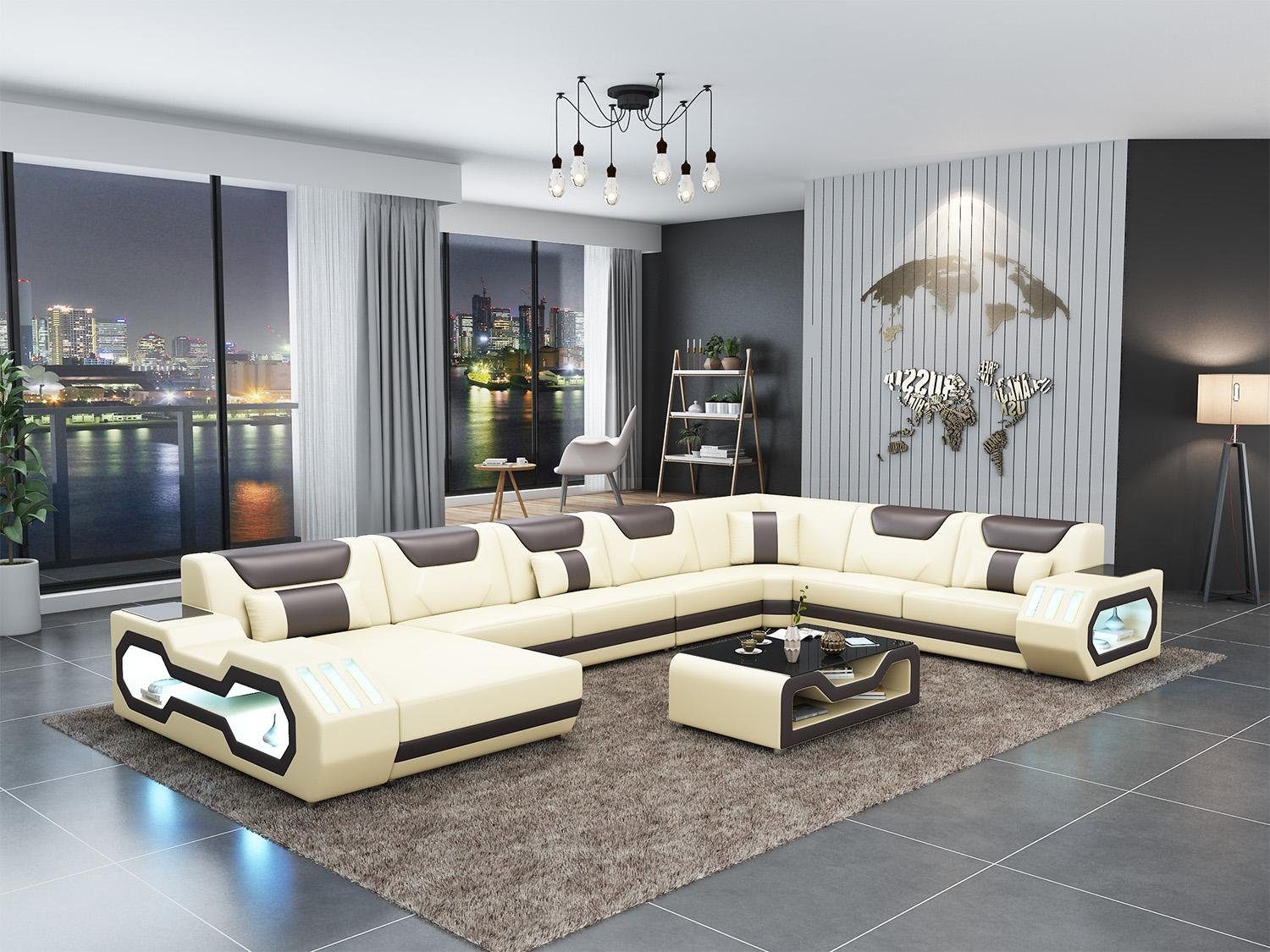 JVmoebel Wohnzimmer-Set, Ecksofa U-Form Couchtisch Couch Design Grau Polster Leder Modern Weiß/Braun | Wohnwände