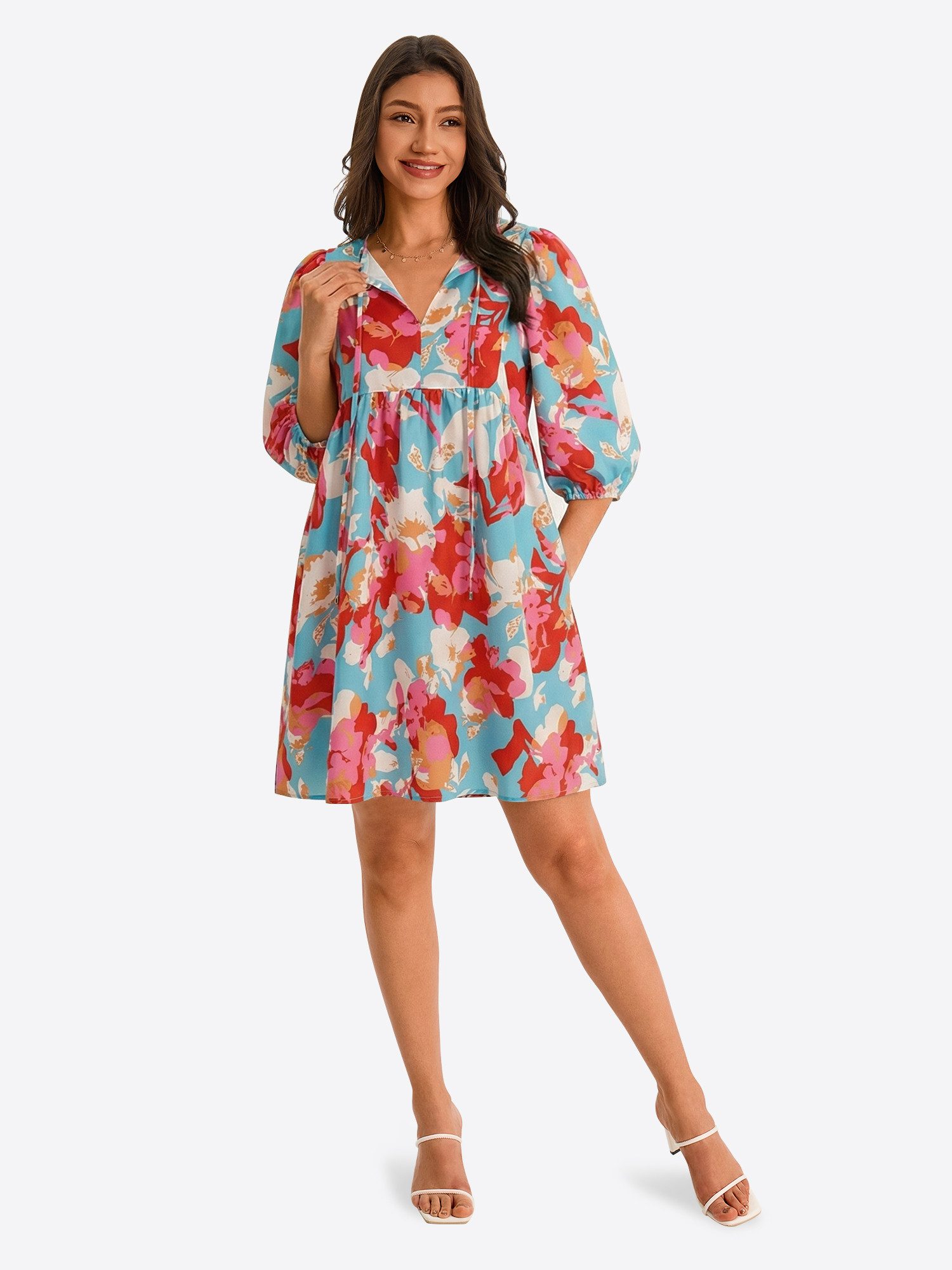 Imily Bela Babydollkleid Damen bedrucktes lockeres Urlaubskleid (Packung, 1-tlg., 1per-Pack) mit Kordelzug