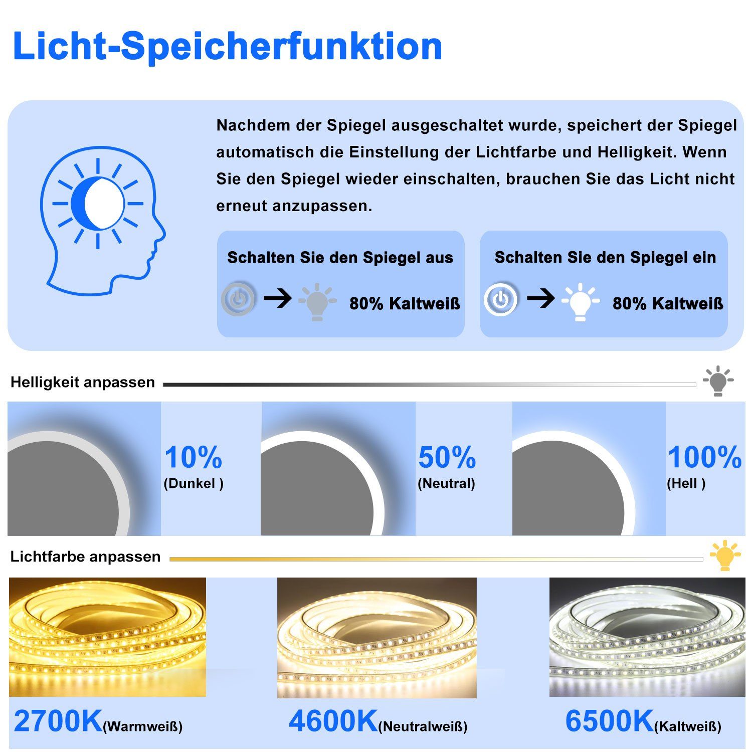 duschspa Badspiegel LED Spiegel Badezimmerspiegel Touch/Wandschalter, Warm/Neutral/Kaltweiß, dimmbar, Memory, Beschlagfrei
