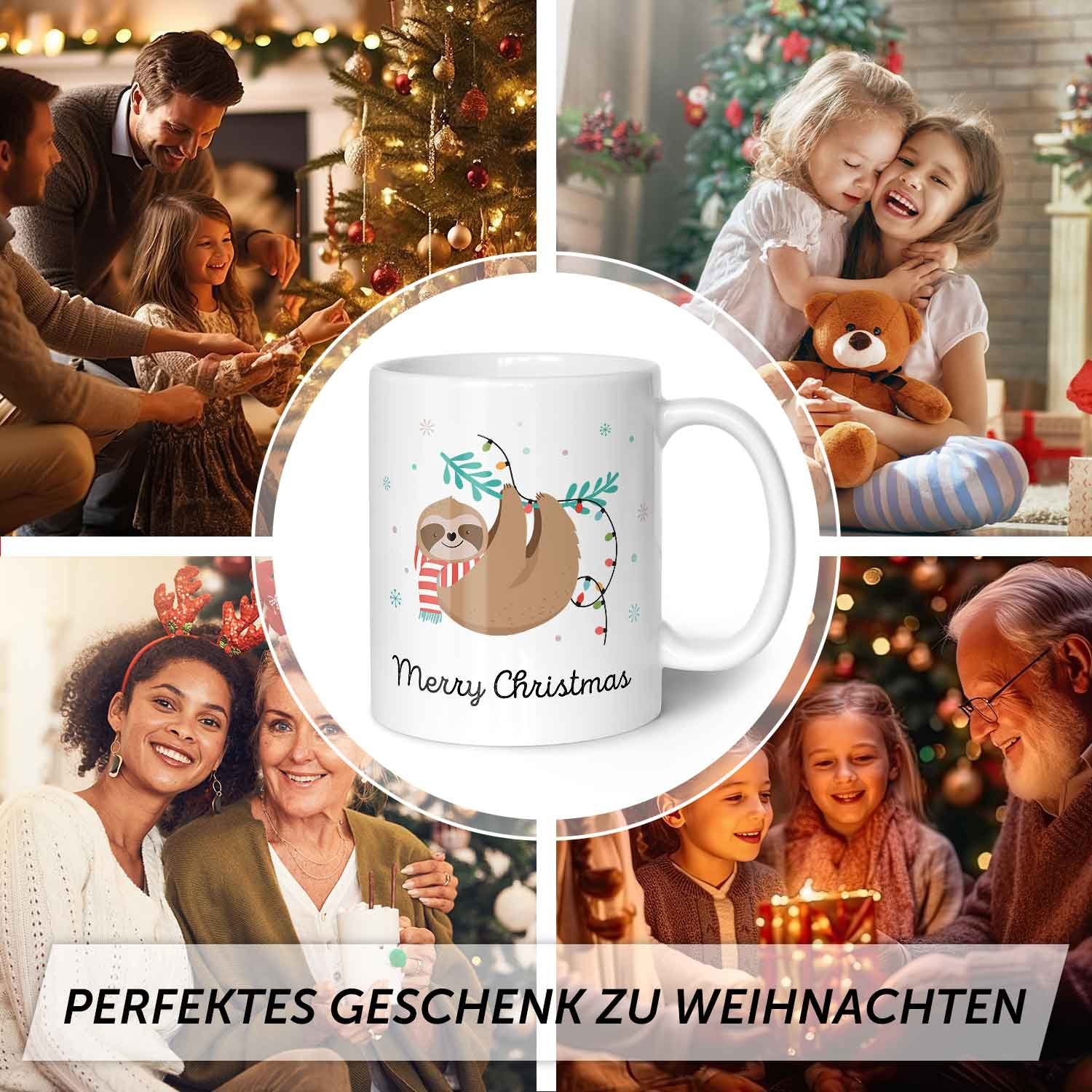 GRAVURZEILE Tasse mit Weihnachtsmotiv Geschenke Christmas Merry Männer - Spülmaschinenfest Weihnachten, Weiß - & Frauen - Faultier zu für