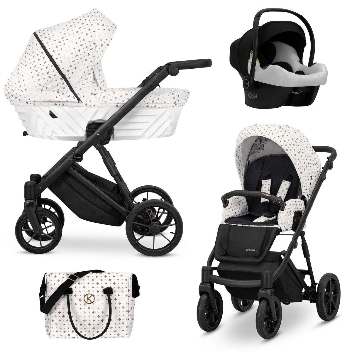 KUNERT Kombi-Kinderwagen IVENTO 3in1 Kinderwagen mit schwarzem Rahmen und Zubehör, 2in1-Set mit Babywanne und Sportsitz