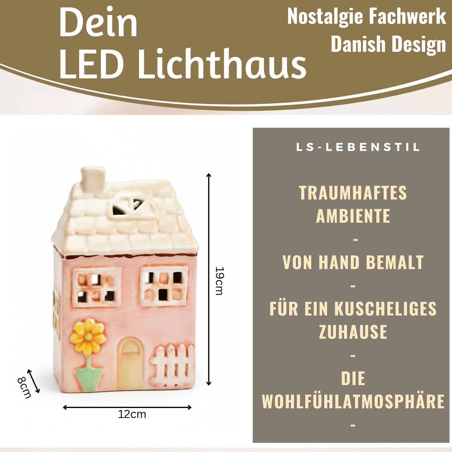 LS-LebenStil Teelichthalter LED Lichterhaus Nyhavn 19cm Rosa Keramik Fachwerkhaus Leuchthaus