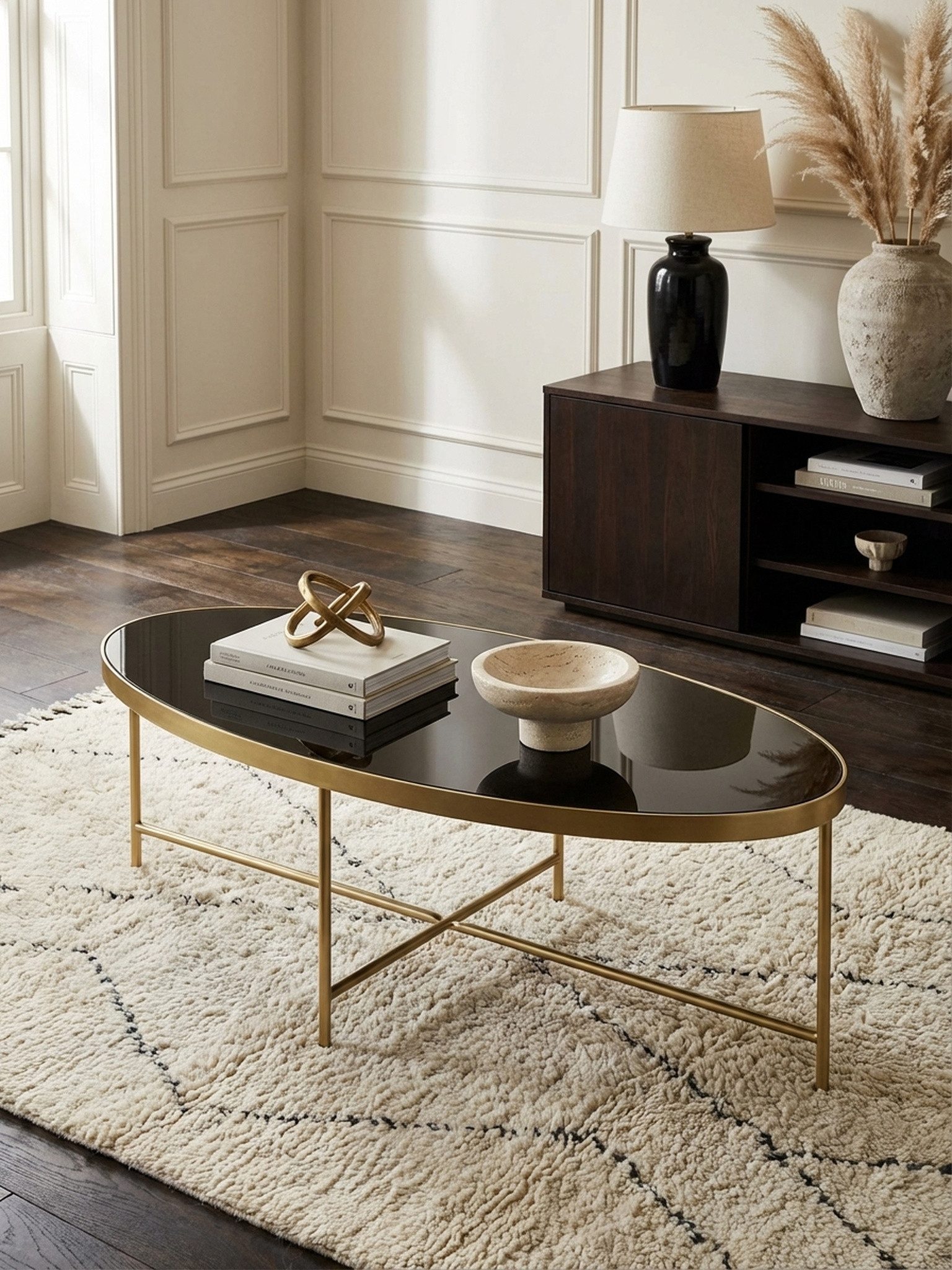 KADIMA DESIGN Couchtisch Design Couchtisch Glas Schwarz - Oval 110 x 56 cm mit Gold, Metallgestell, Großer Wohnzimmertisch, Lounge Tisch Glastisch