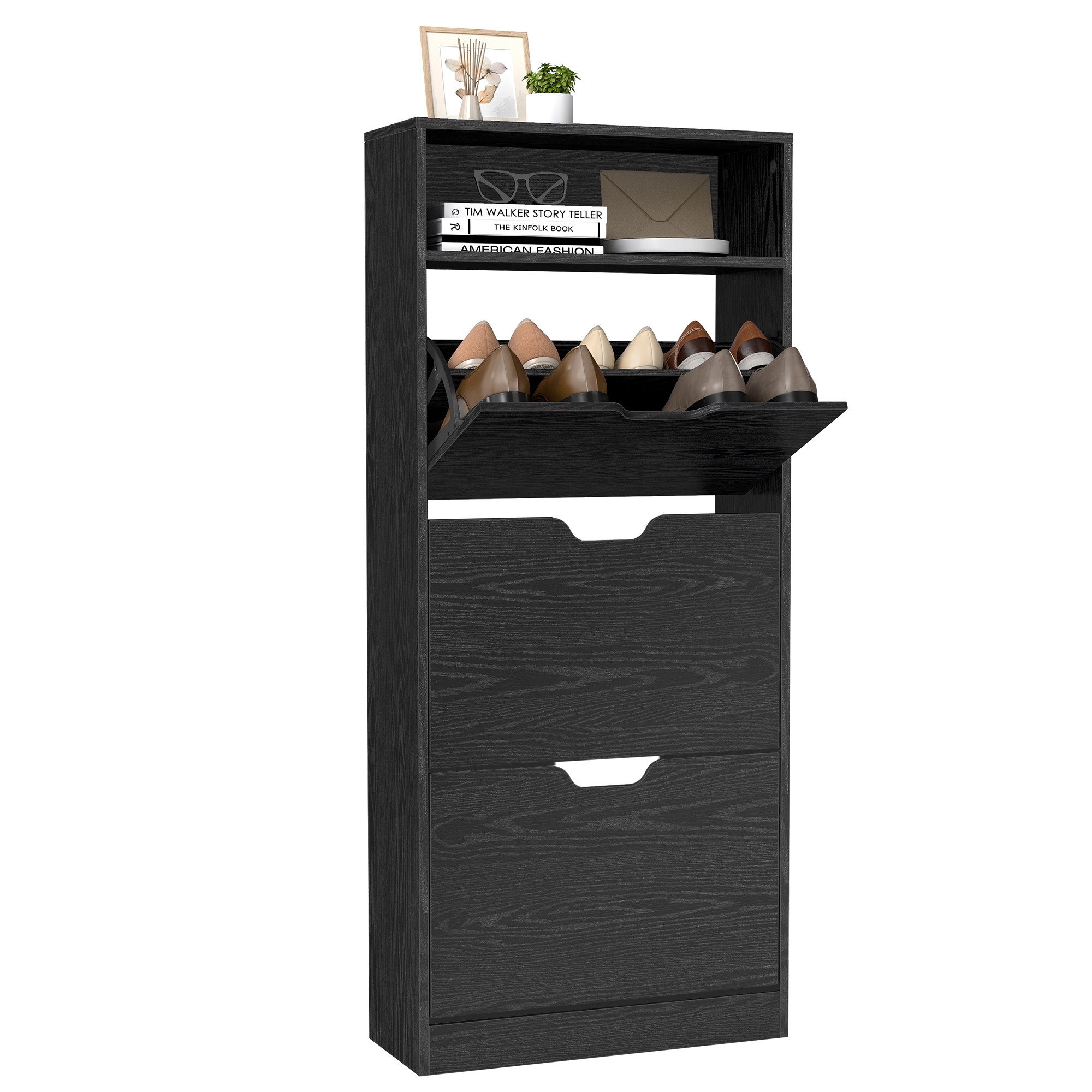 VASAGLE Schuhschrank Schuhkipper schmal, 2 oder 3 Klappen, offenes Fach oben Trennwand verstellbar, Höhe 102/139 cm, bis EU-Größe 45