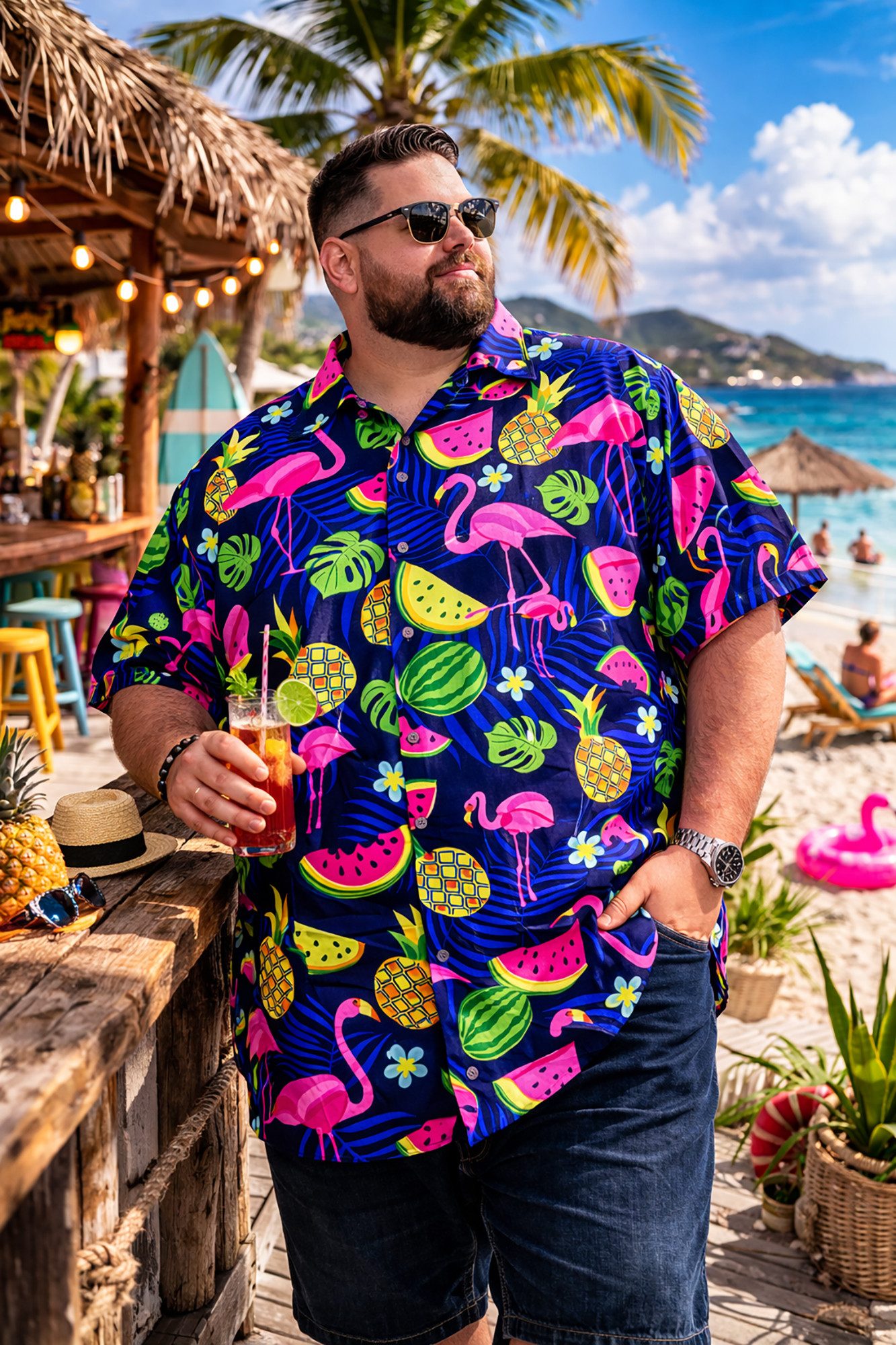 King Kameha Hawaiihemd Flamingo Melone Übergrößen 7XL-12XL Sommerhemd Kurzarm Front-Tasche