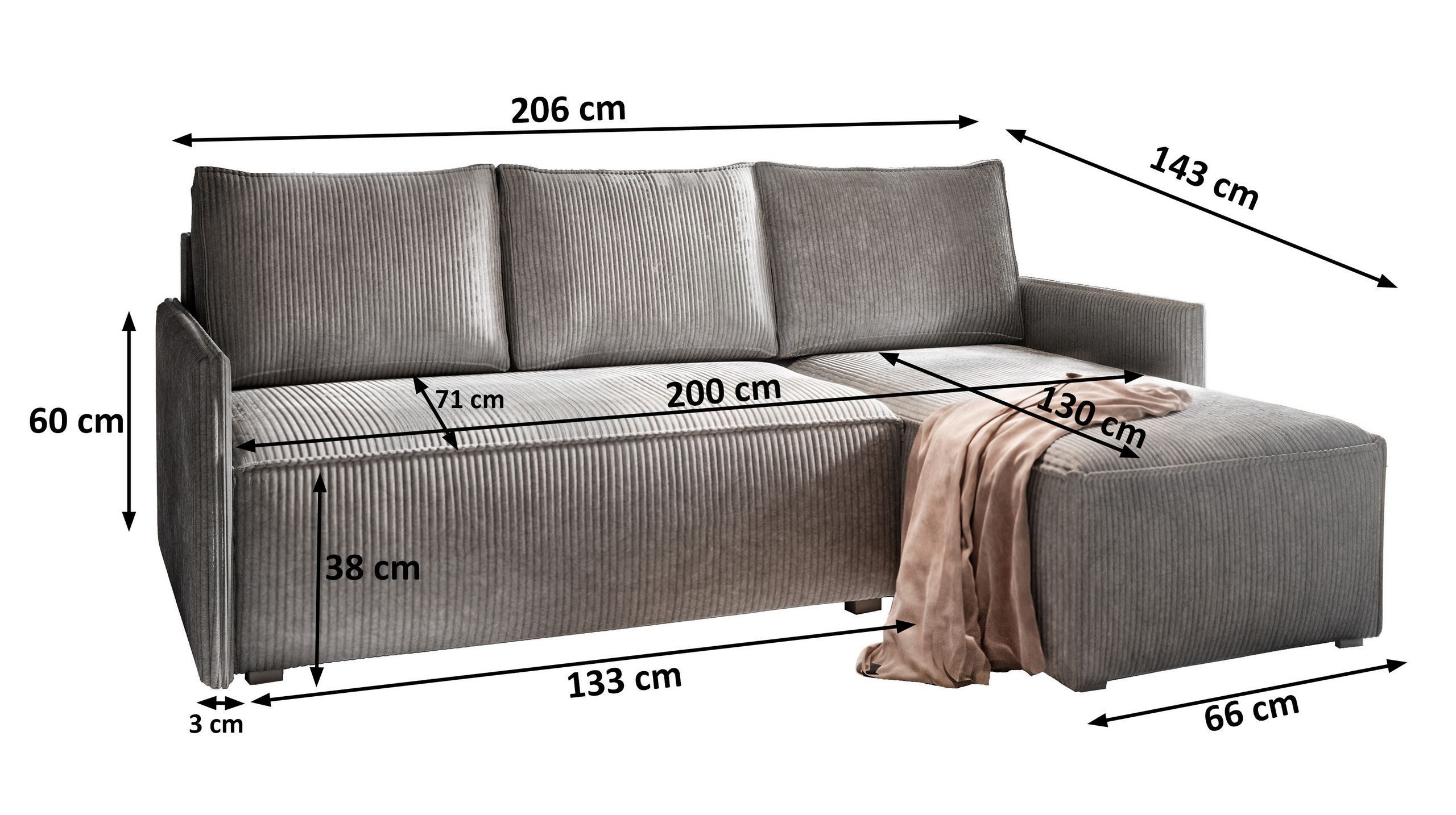 Masseno Ecksofa PERUSI mit Schlaffunktion L-Form, Sofa mit Bettkasten