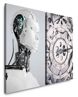 Sinus Art Leinwandbild 2 Bilder je 60x90cm Cyborg Roboter Zahnräder Uhrwerk Zeit Science Fiction Technik