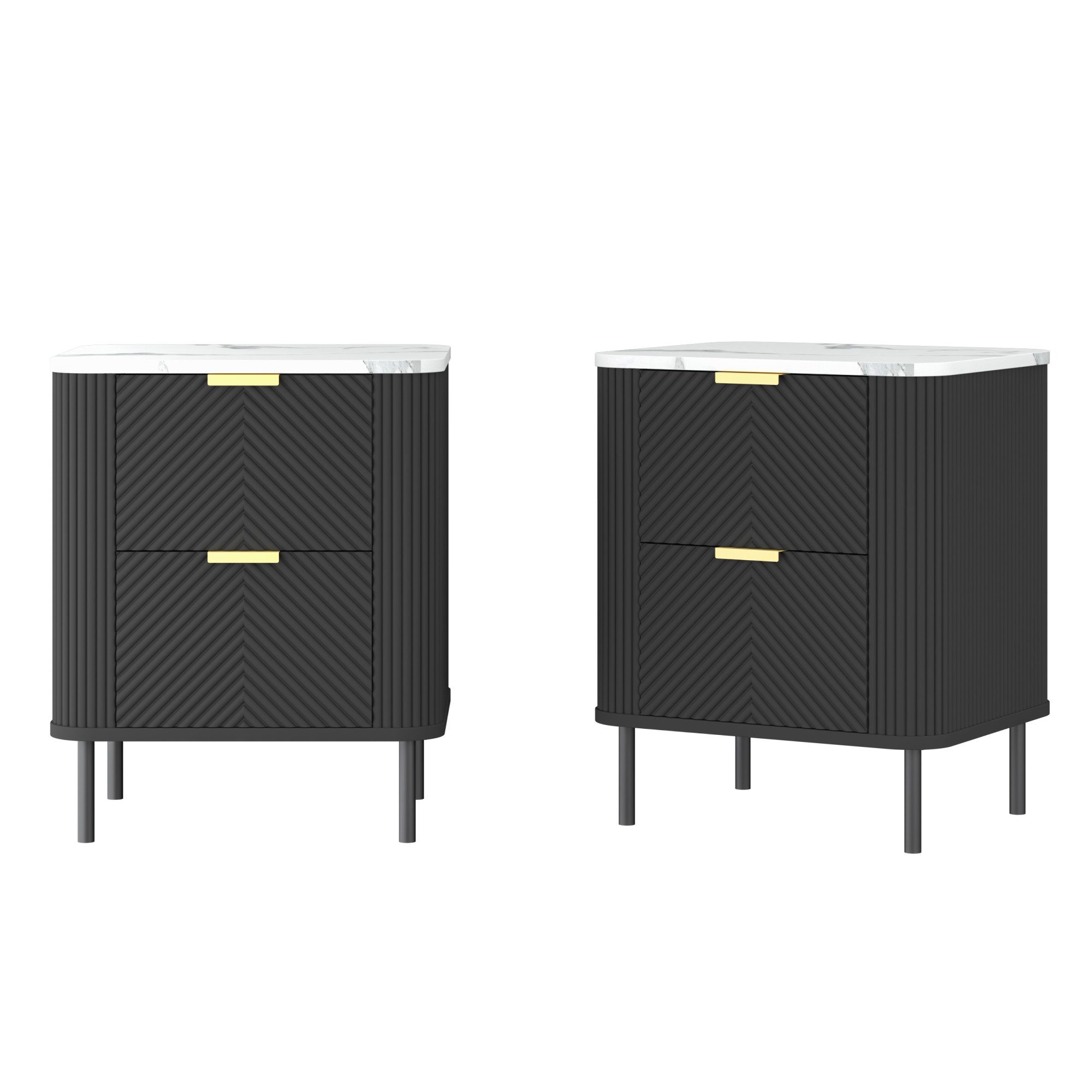 en.casa Nachttisch (2er Set), »Olvehok« 55x52x38 cm mit 2 Schubladen Schwarz/Marmoroptik, weiß