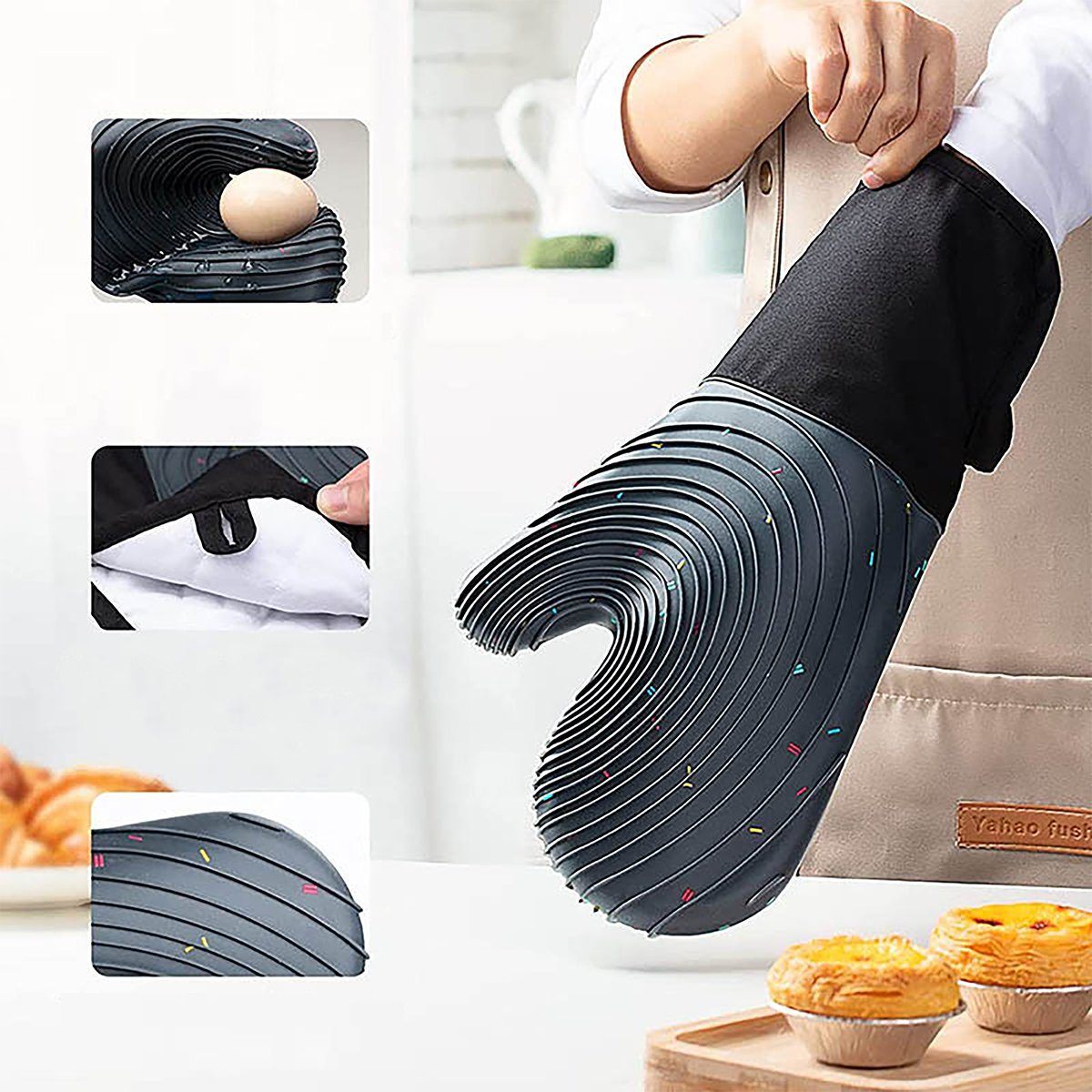 2 hitzebeständiges HYIEAR Backhandschuhe Ofenhandschuhe, mit Hitzebeständigkeit, Topflappen, Anti-Rutsch-Spiralstruktur (4-tlg), Topfhandschuhe