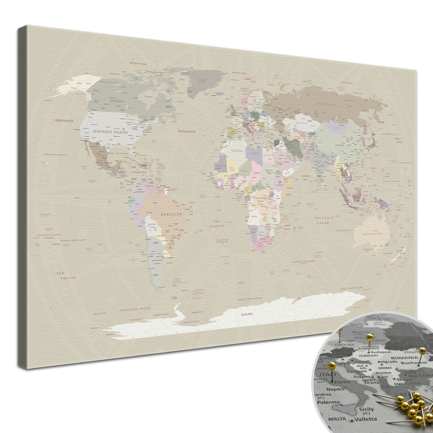 LANA KK Leinwandbild Weltkarte Pinnwand zum markieren von Reisezielen, deutsche Beschriftung Cappuccino