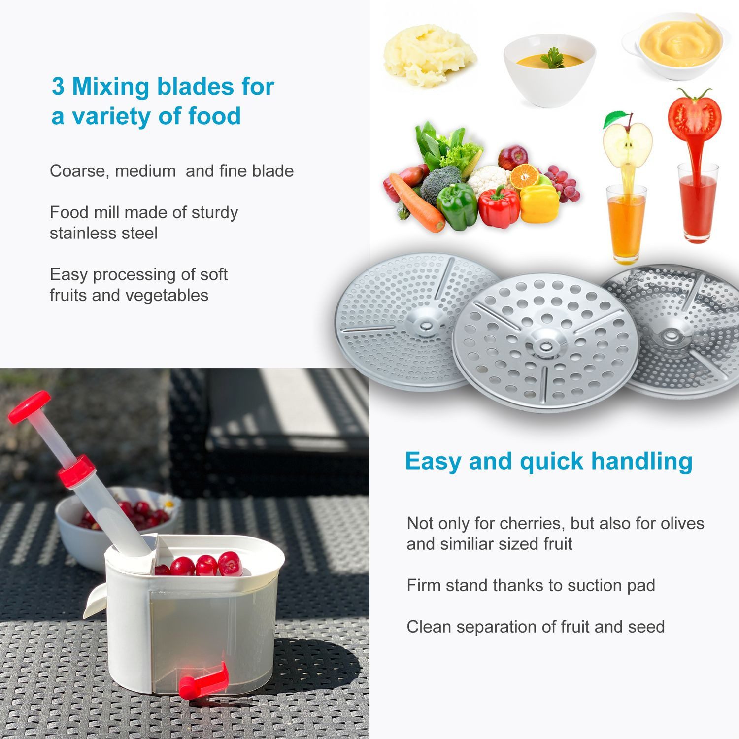 Intirilife Passiermühleneinsatz, (Set, 5-tlg), Einmach Set: Edelstahl Passiergerät 3 Siebeinlagen & Kirschentkerner
