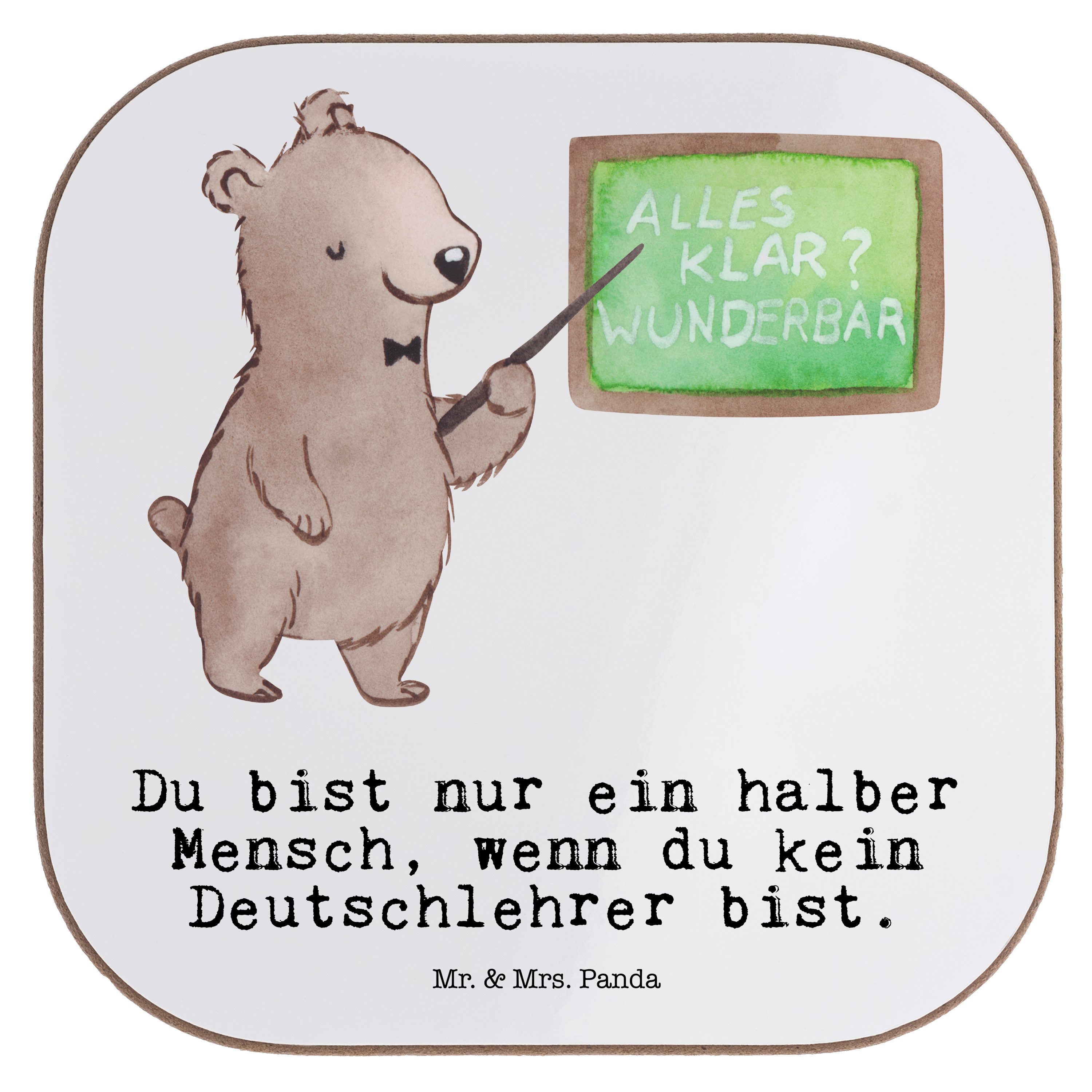 Mr. & Mrs. Panda Getränkeuntersetzer Deutschlehrer mit Herz - Weiß - Geschenk, Kollegin, Schule, Firma, Gl, 1-tlg.