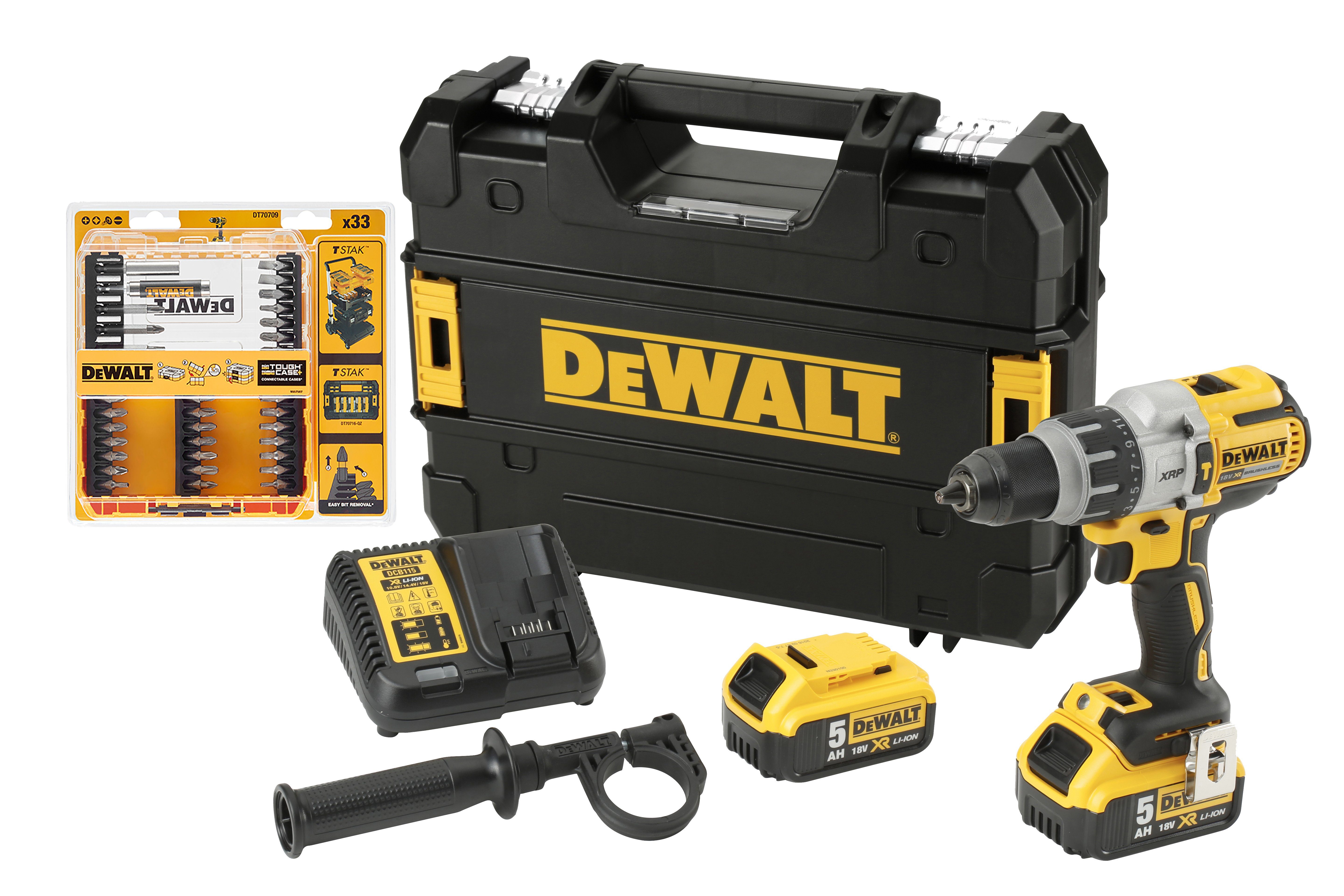 DeWalt (Spar-Set, und Akku-Schlagbohrschrauber mit DCD996P2-QW max. in Watt, 2000,00 DT70709-QZ mm), mm (bürstenlos) Schlitz, 18V, & 25 Bithalter, 8600/25500/38250 /min Set 50 mit 2-tlg., Torx Pozi, Schlagzahl 820 U/min,