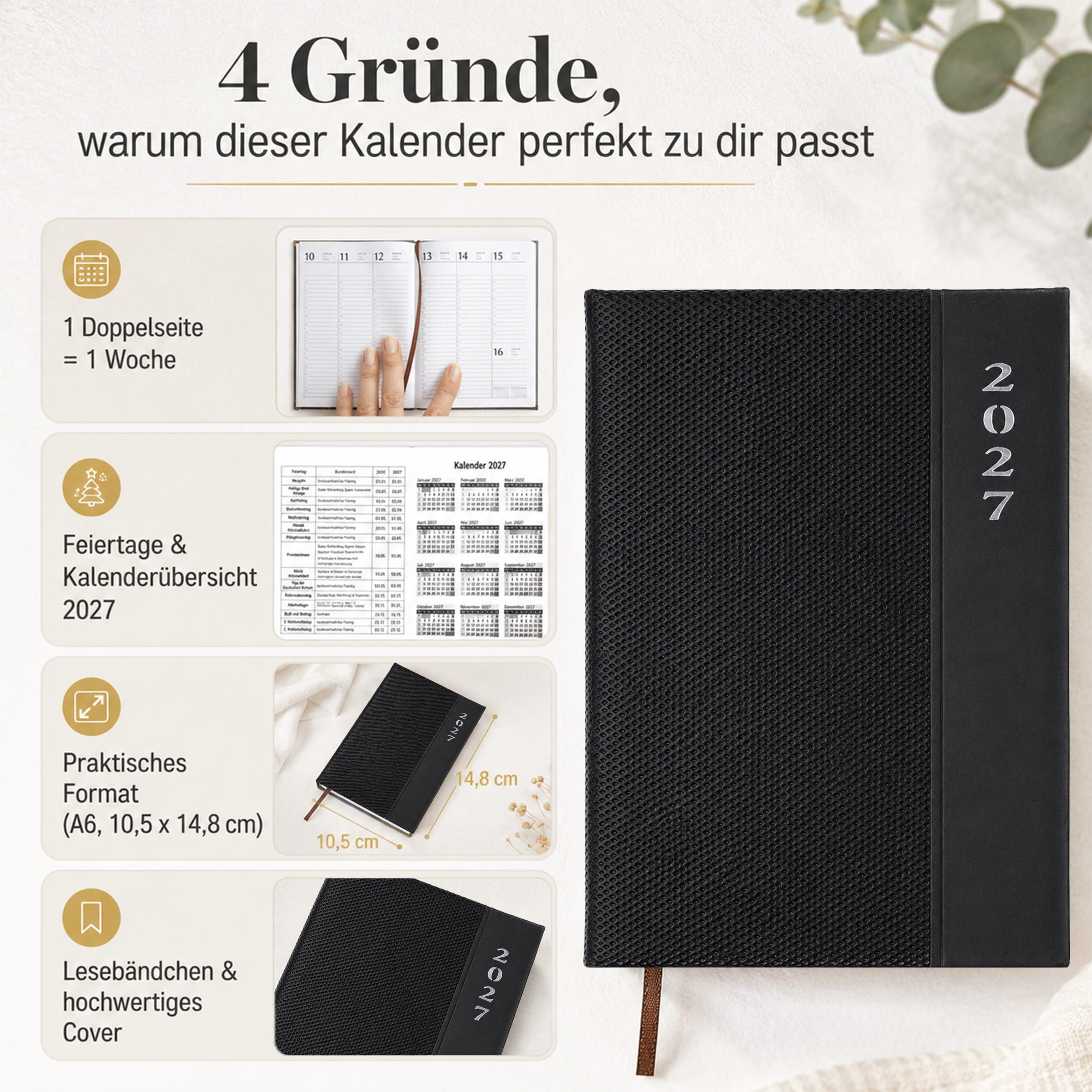 AMLI Taschenkalender Taschenkalender 2027 A6 1 Woche 2 Seiten Softtouch Schwarz, Softtouch-Cover, Leseband, Ferien & Feiertage, Jahresvorschau – Bild 2 von 5