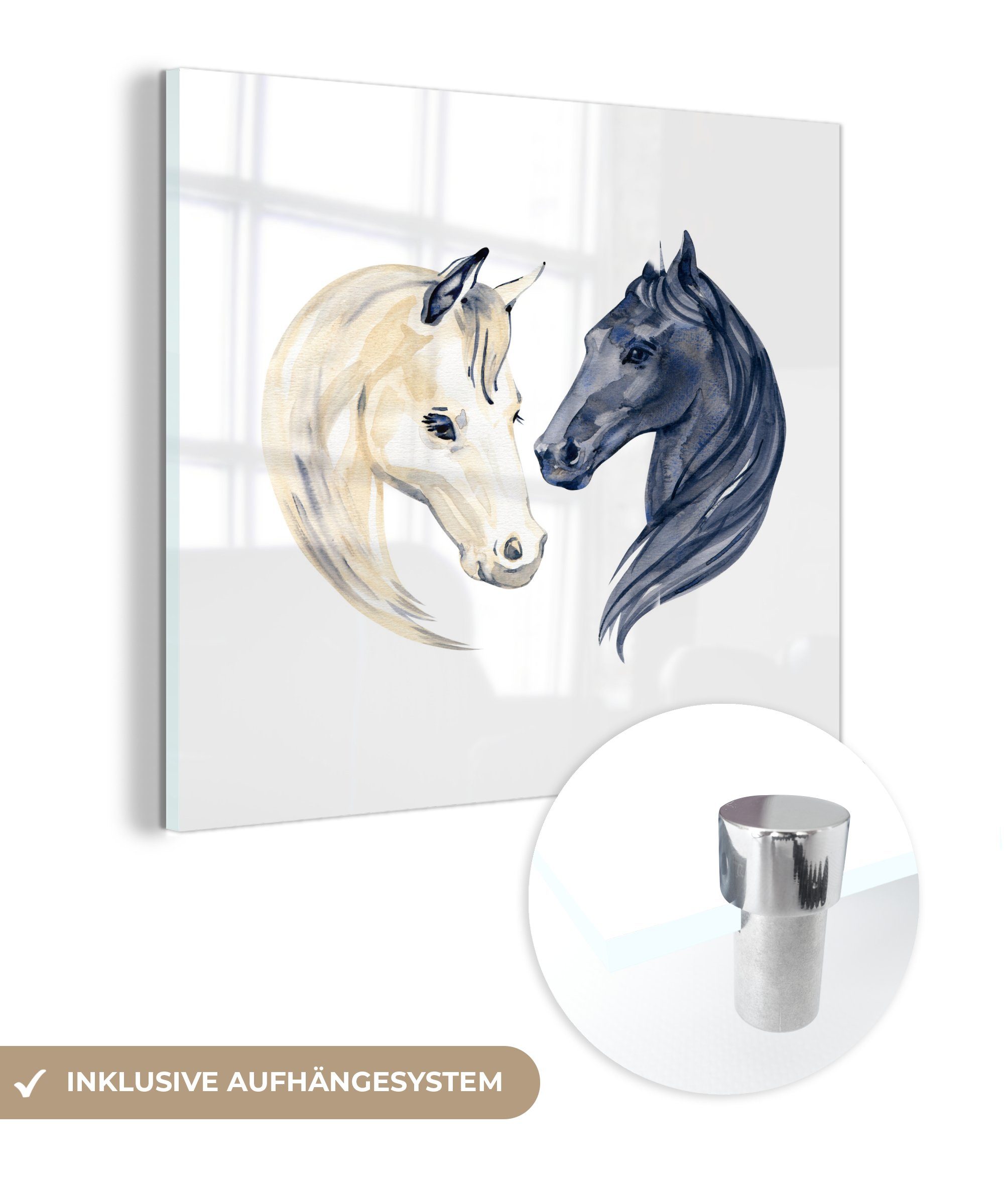 MuchoWow Acrylglasbild Pferde - Aquarell - Schwarz - Mädchen - Kinder - Mädchen, (1 St), Glasbilder - Bilder auf Glas Wandbild - Foto auf Glas - Wanddekoration