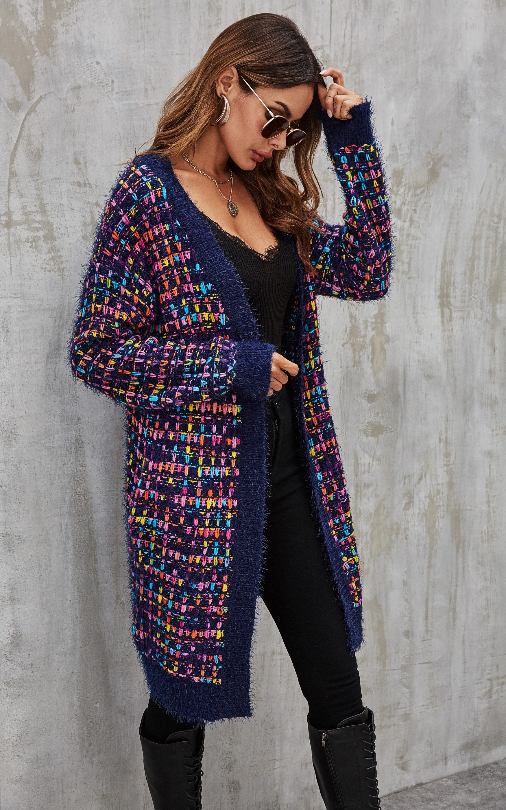 FS Collection Longstrickjacke Bouclé Strickjacke Cardigan mit Karomuster – gemütlicher Stil (Einheitsgröße: UK 8–16 / EU 36–44, 3 Farben : Cremeweiß Bunt, Marineblau Bunt und Braun Bunt) 100 % Acryl