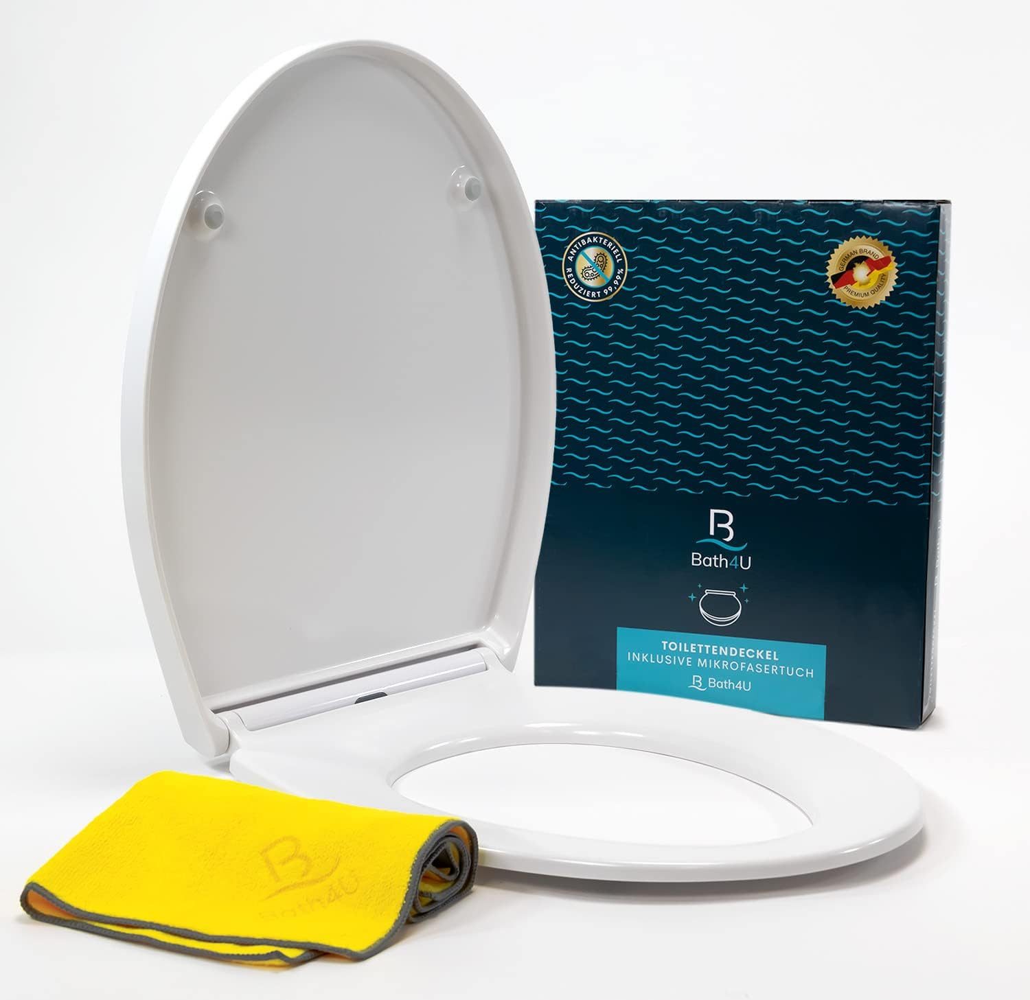 Bath4U WC-Sitz WC Sitz 37x46 cm Weiß aus Urea-Duroplast Absenkautomatik bis 150kg, Farbecht & Pflegeleicht Inkl. Montagezubehör & Mikrofasertuch Set