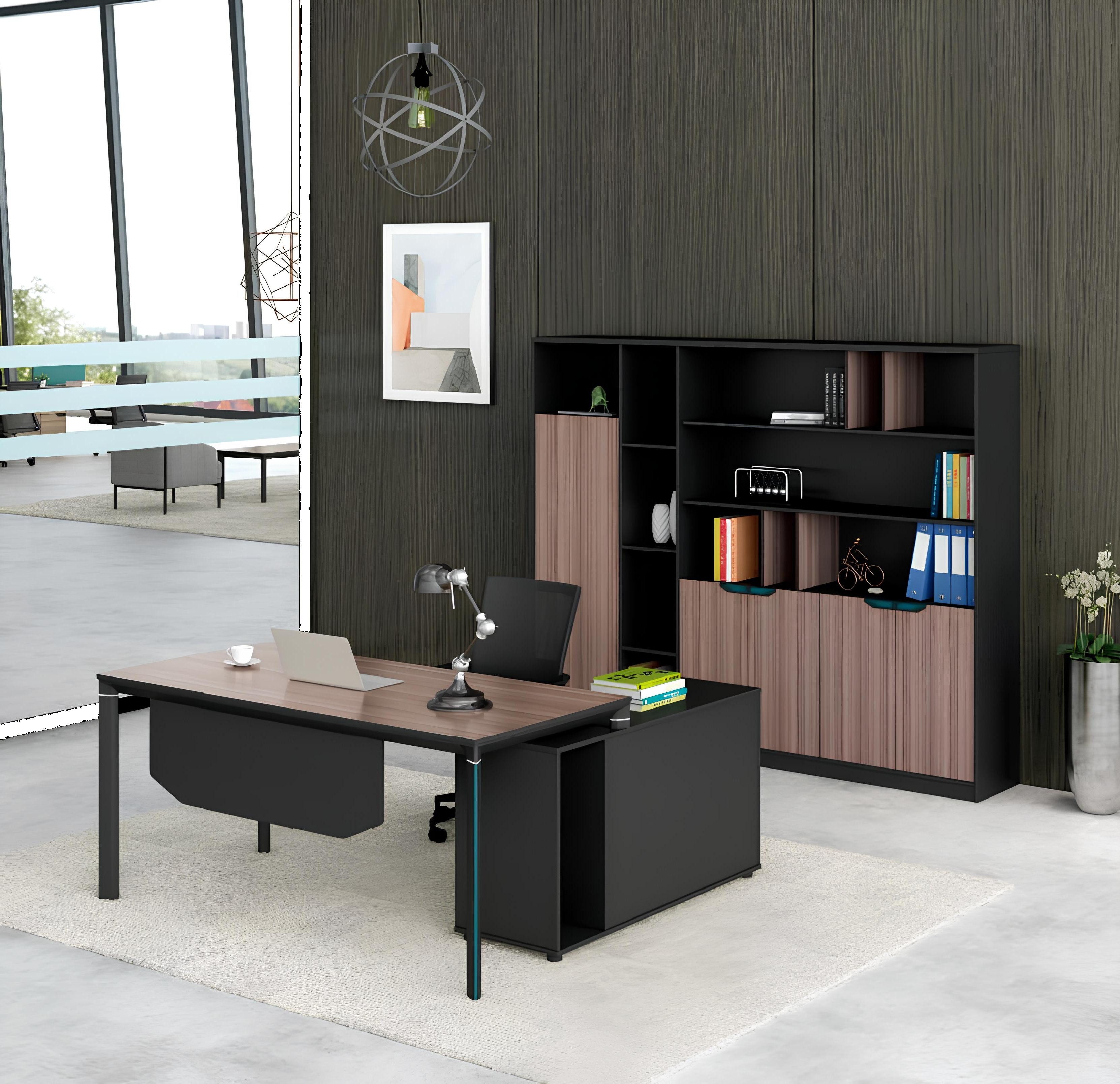 Xlmoebel Schreibtisch Elegantes Büromöbel-Set in Schwarz mit Holzdesign und Stauraum (Büromöbel-Set, Arbeitstisch + Schrank), Hergestellt in Europa