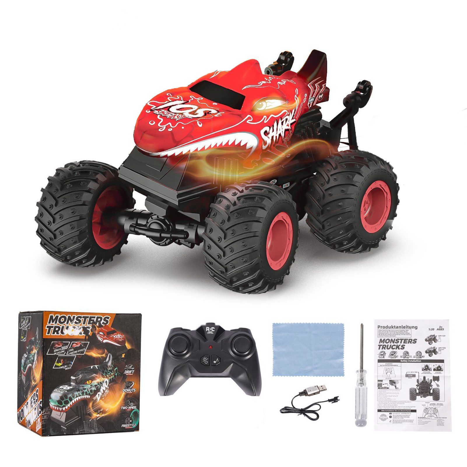 Esun RC-Auto Ferngesteuertes Auto, 2,4GHz20km/h RC Monstertruck mit Aufrecht Gehen (Packung, Komplettset), Ferngesteuerter Monster Truck, 360°Drehung, LED-Licht und Musi