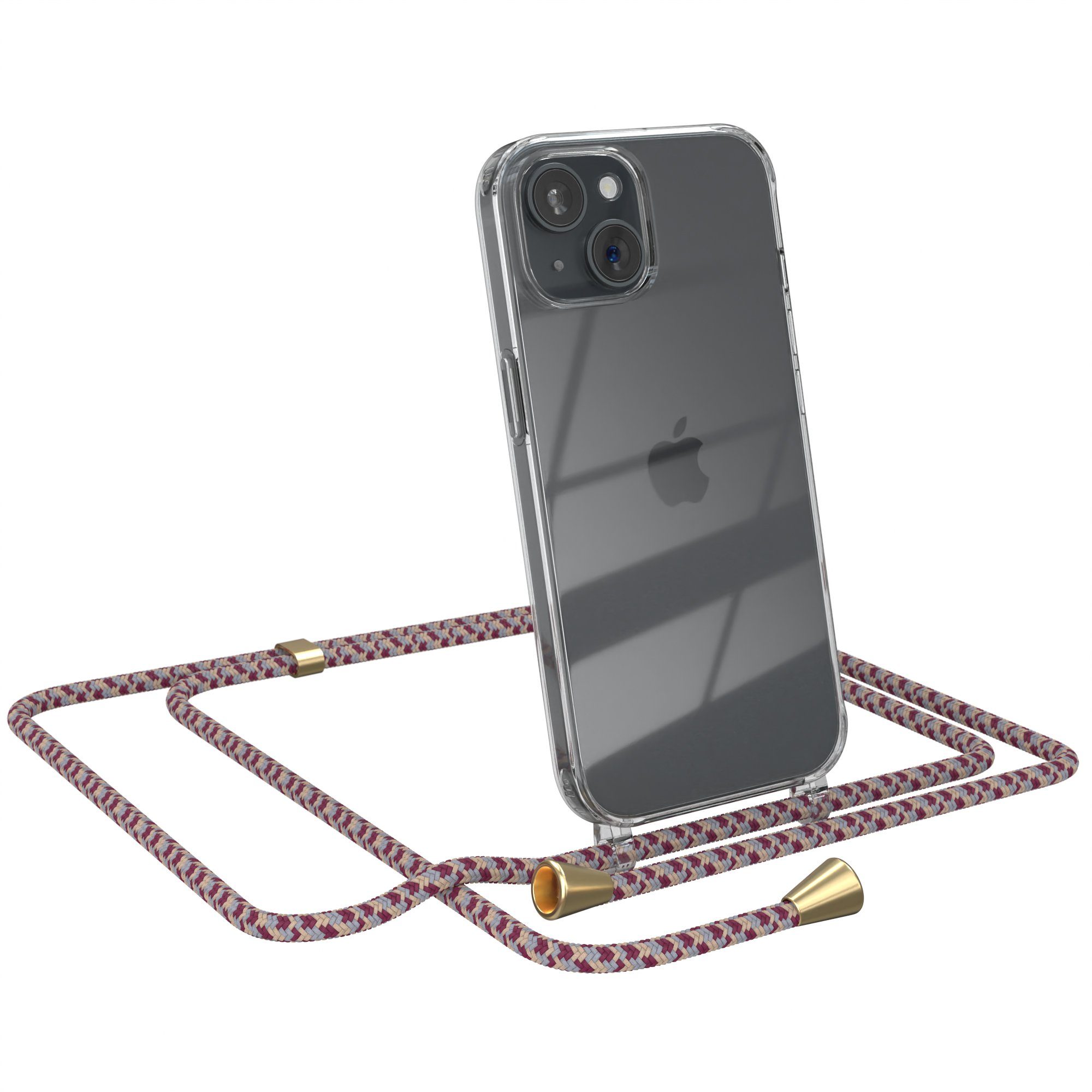 EAZY CASE Handykette mit-/ ohne Magsafe Hülle für iPhone 15 6,1 Zoll, Hülle mit Umhängeband Bumper Case Hülle mit Band Rot Beige Camouflage