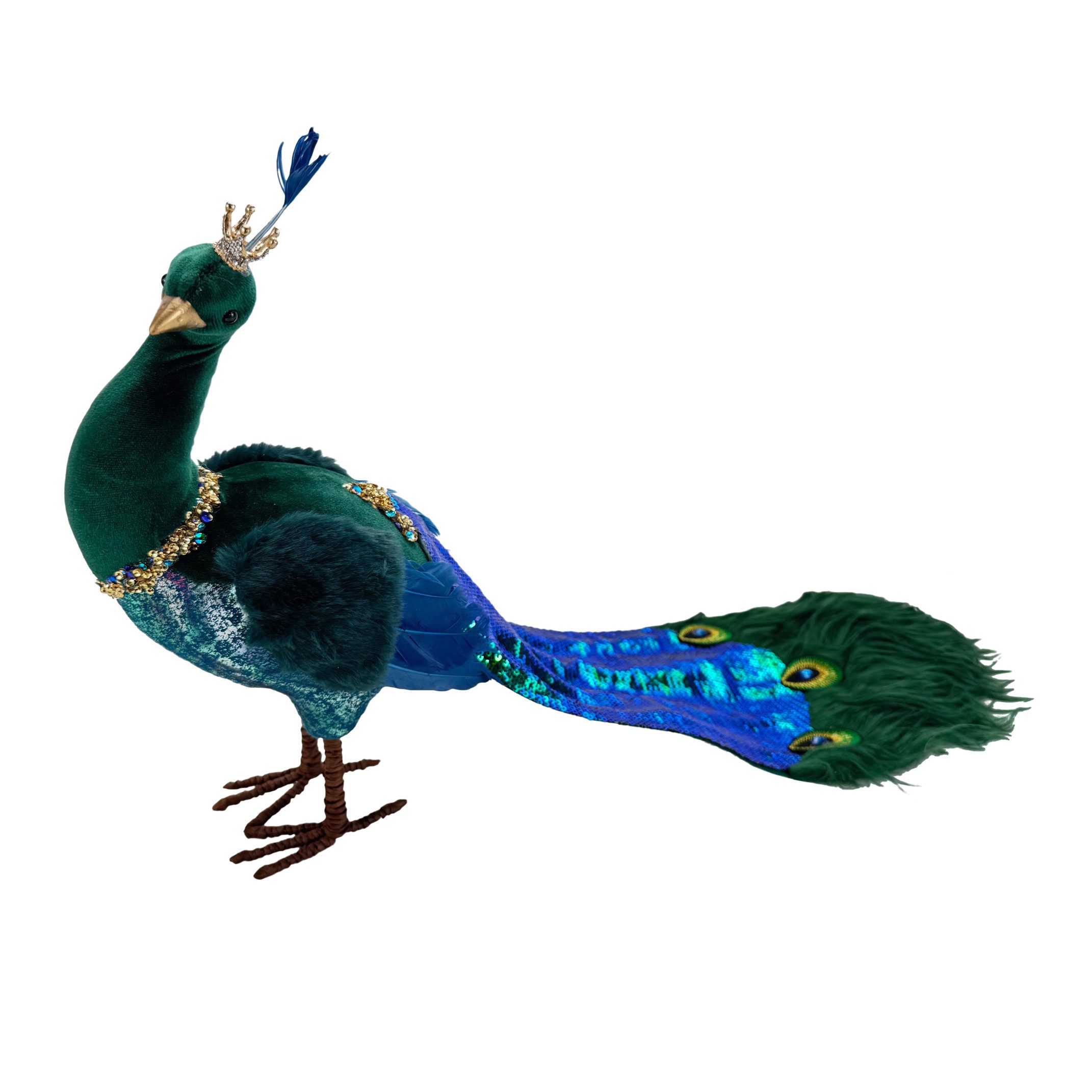 Online-Fuchs Dekofigur edler Pfau mit prachtvollem Federkleid aus Pailetten (50 cm groß, verziert mit funkelnden Pailetten), Federkleid in schimmernden Blau- und Grüntönen
