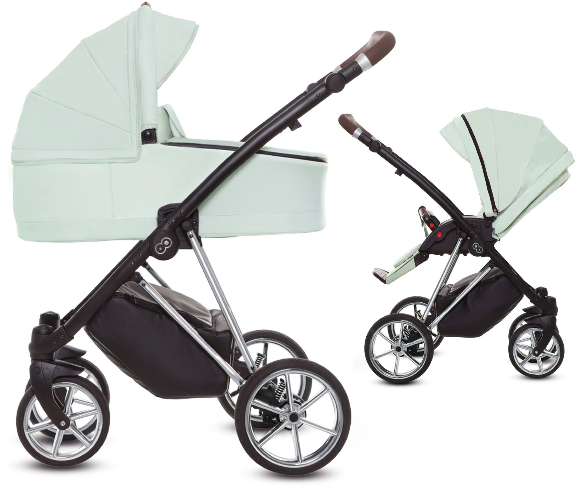 TPFFamily Kombi-Kinderwagen 2in1 Musse Ultra, Baby Buggy Babywanne 5-Punkt-Sicherheitsgurt, großes Zubehör-Set Kinderwagen 2 in 1 Stoff Mint, Gestell Silber