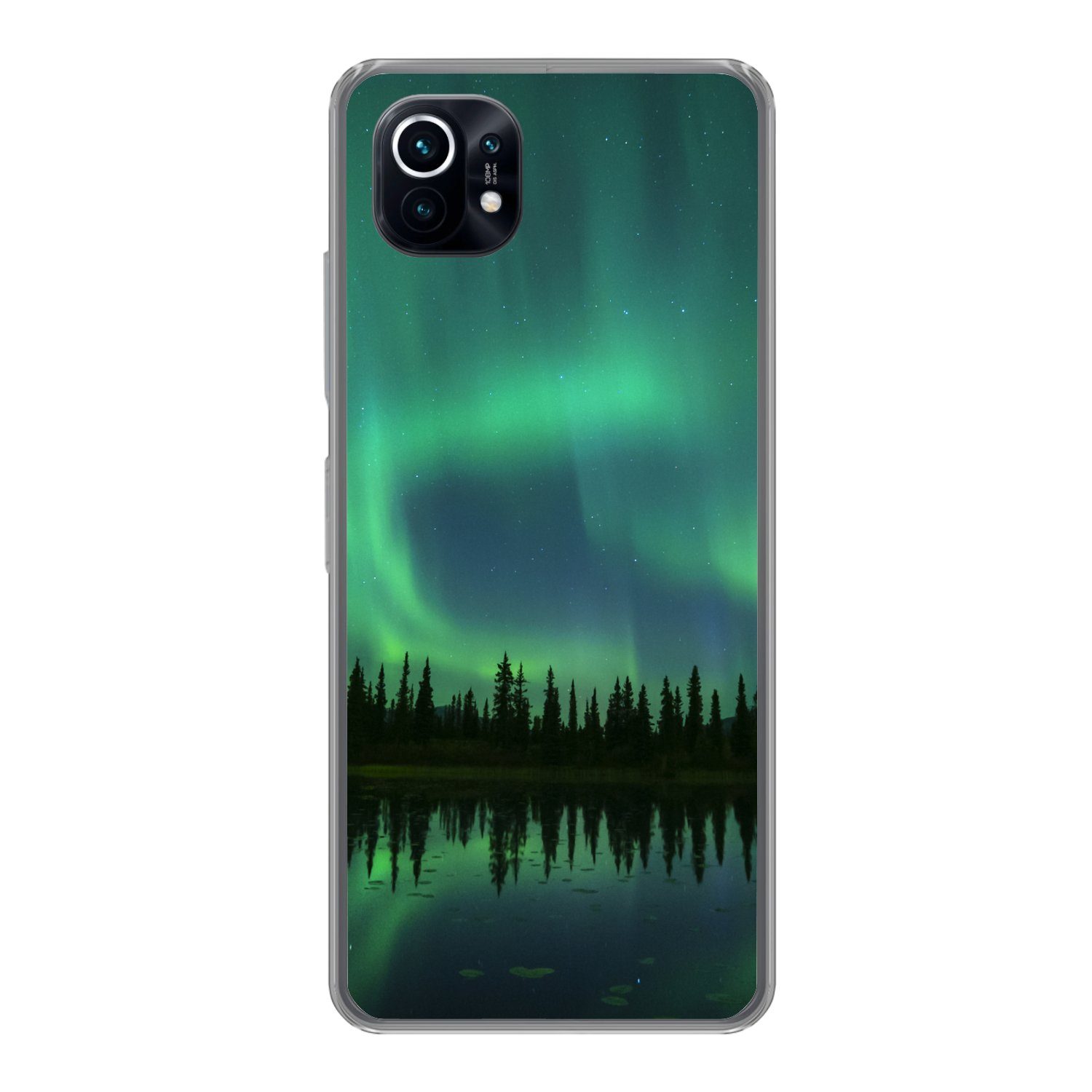 MuchoWow Handyhülle für Xiaomi Mi 11 Nordlicht - Bäume - Wasser - Alaska, Phone Case, Silikon, Schutzhülle Dünn